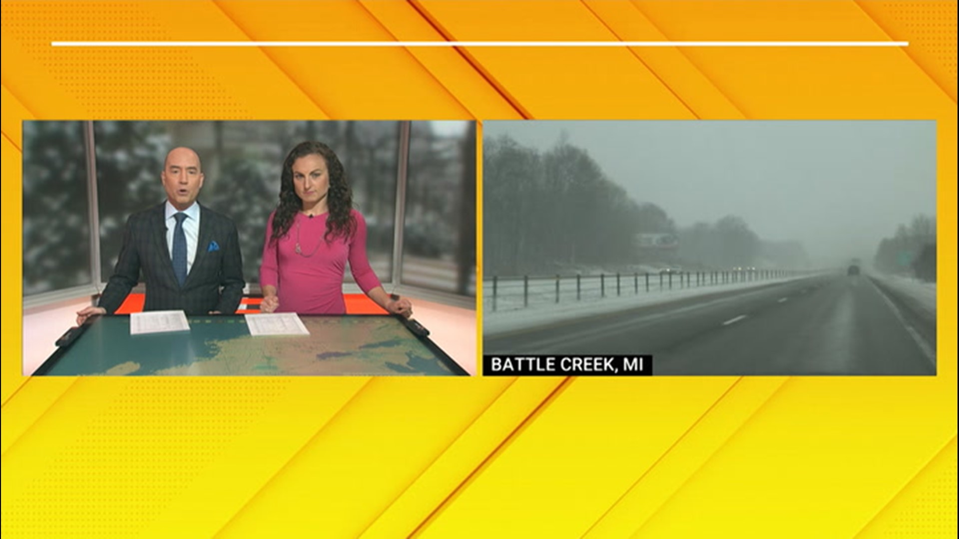 Snow is rolling through the Midwest. Blake Naftel is near Battle Creek, Michigan, reporting live and showcasing snow-covered highways.