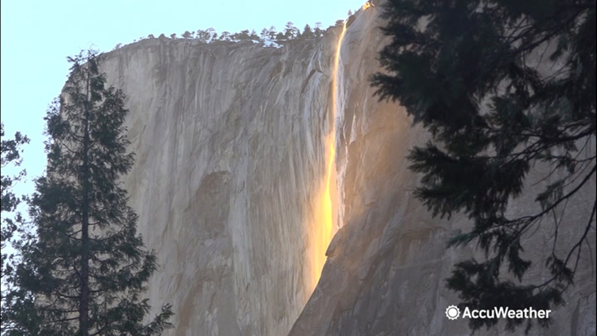 The 'firefall' is a phenomenon that occurs when the sun lights up Horsetail Fall during sunset, in California's Yosemite National Park. This footage was shot on Feb. 24.