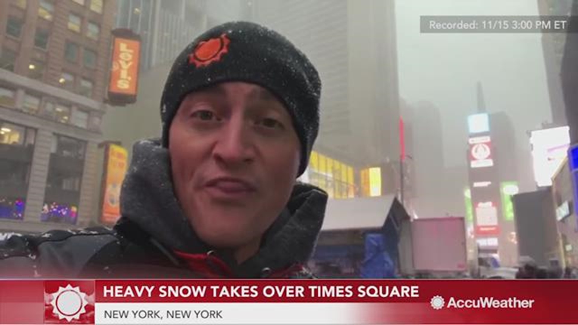 Winter conditions continue to worsen in Times Square as heavy snowfall continues to fall.  AccuWeather reporter Jonathan Petramala is at the scene.