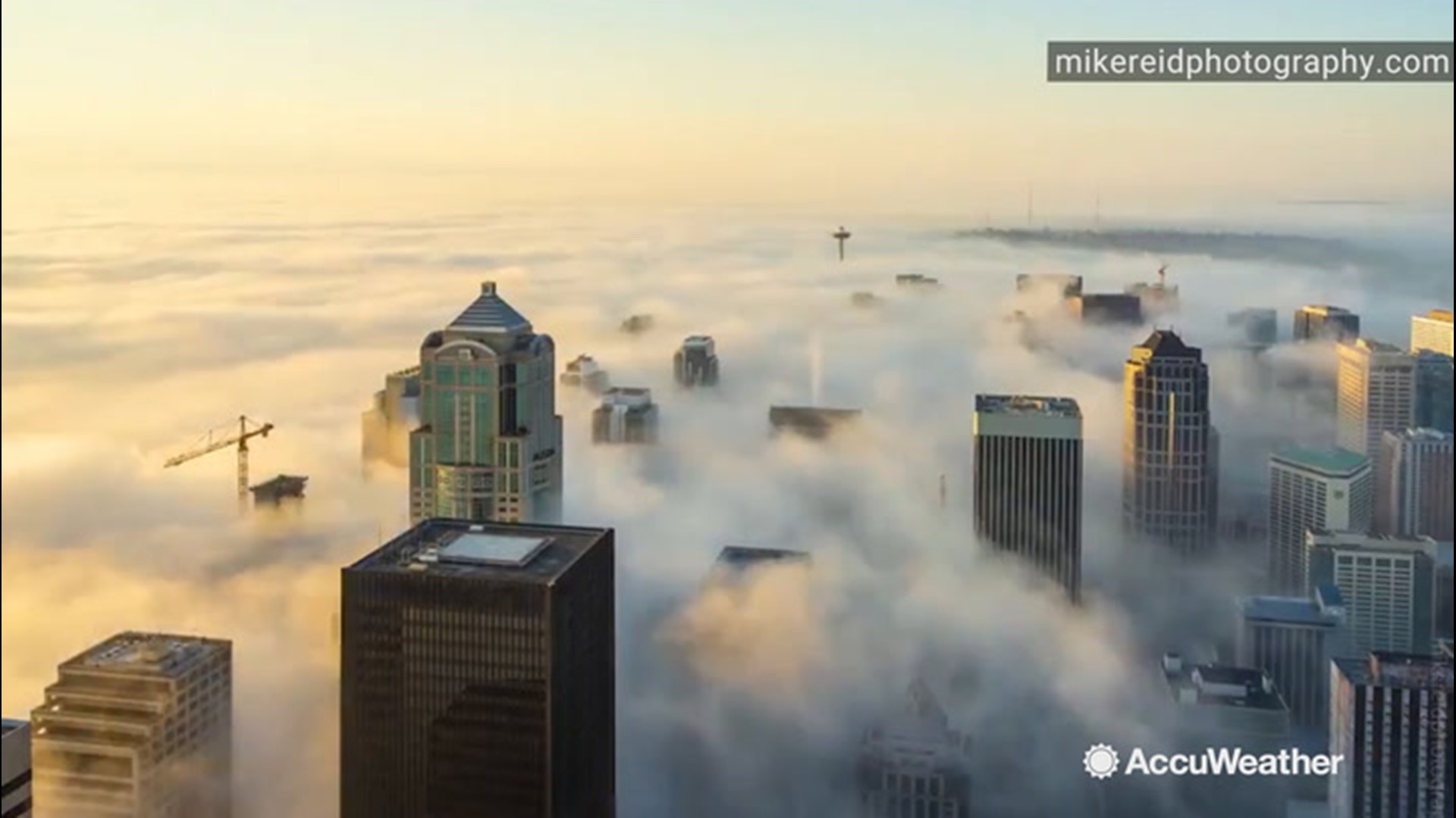 This timelapse video shows fog moving into Seattle on a November day, hiding nearly all of the city underneath except for a few skyscrapers.