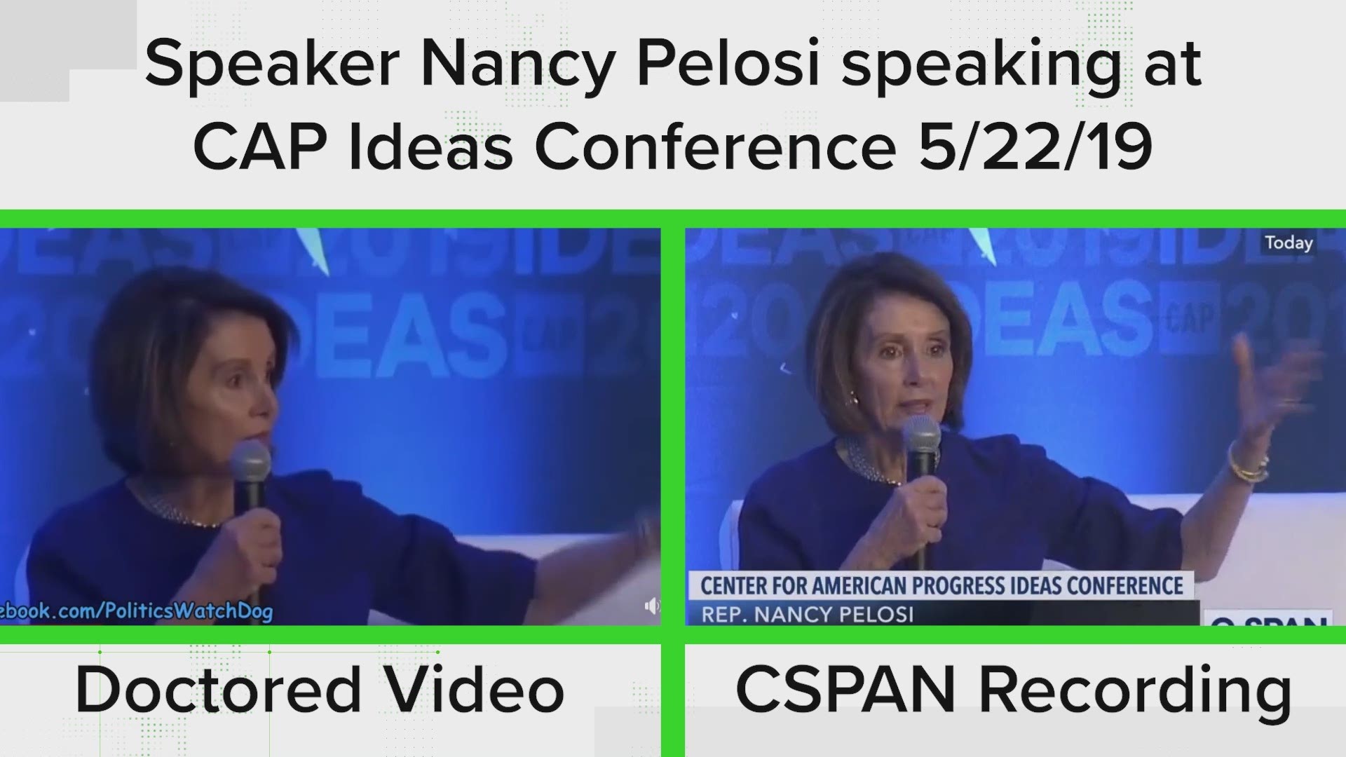 A doctored video of Nancy Pelosi was shared on social media. It took footage from her speech at the CAP Ideas Conference and slowed it down to make her speech appear slurred.