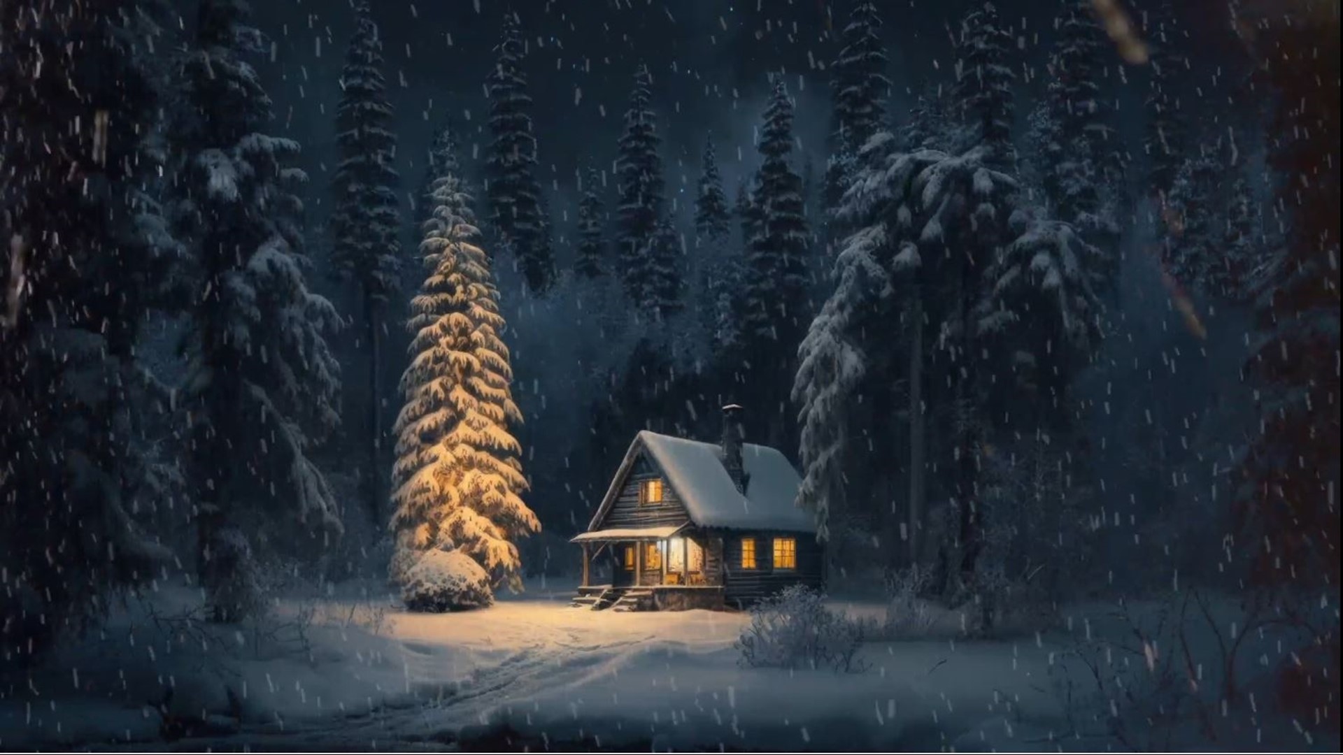 A cozy cottage scene set amid the falling snow. A video loop featuring festive music for the holidays.