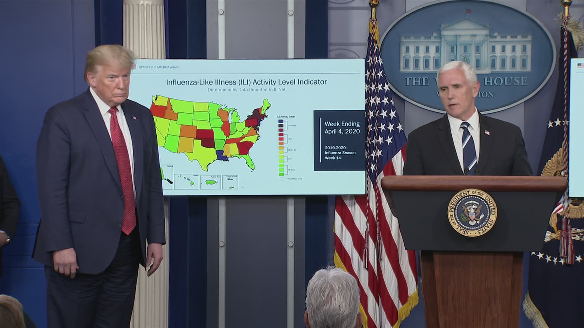 President Trump and Vice President Pence showed US maps at the White House task force brief Thursday showing positive trends that led to guidelines to reopen states.