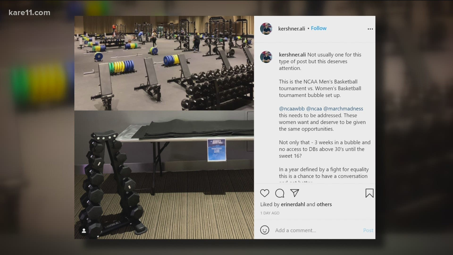 A viral post pointing out differences between the men's and women's weight rooms at the NCAA basketball bubbles has reignited discussion of inequity in sports.
