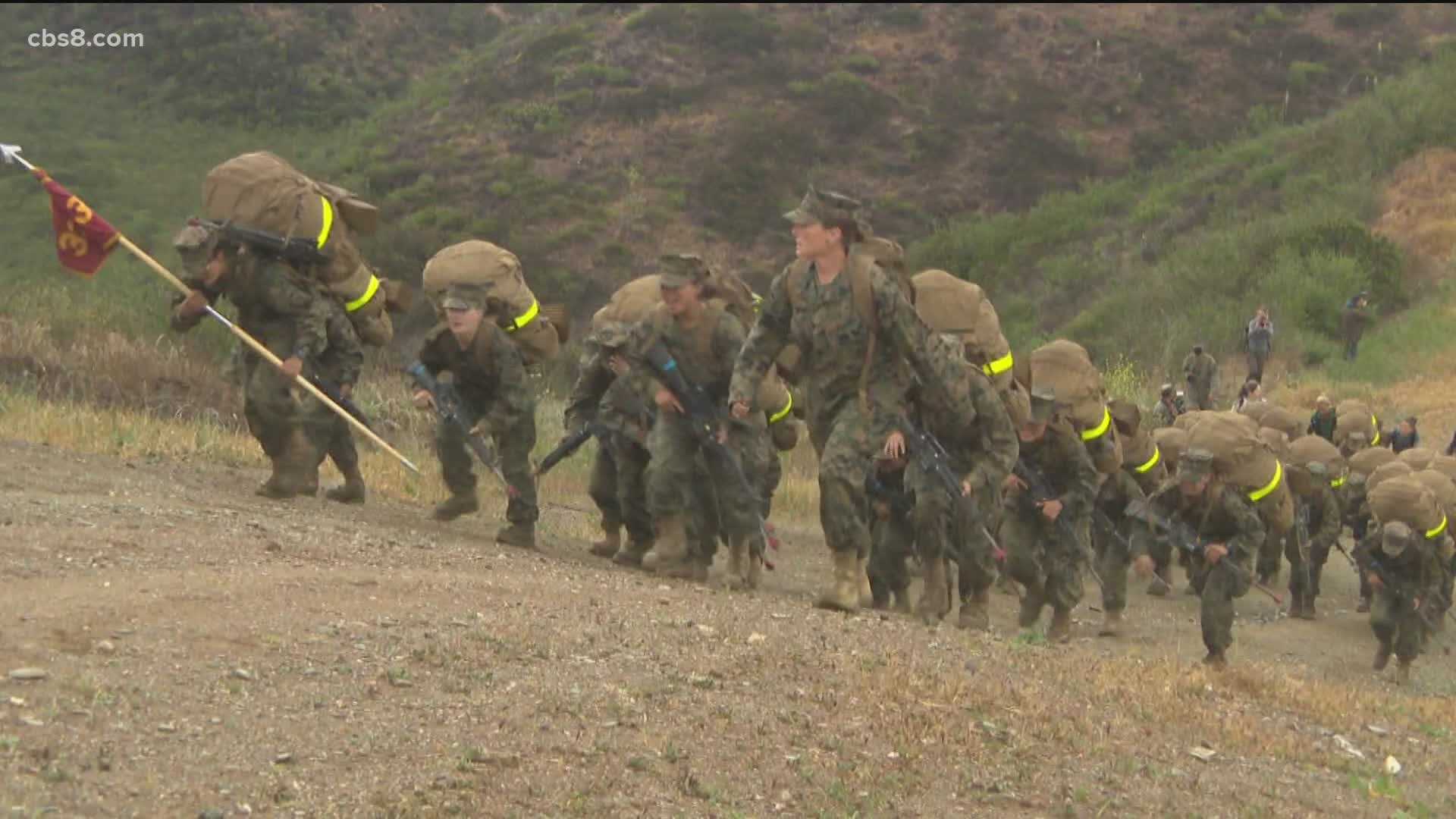 After the platoon finished the 54-hour “evolution,” each recruit received their Eagle, Globe and Anchor emblem and were called Marine for the first time.