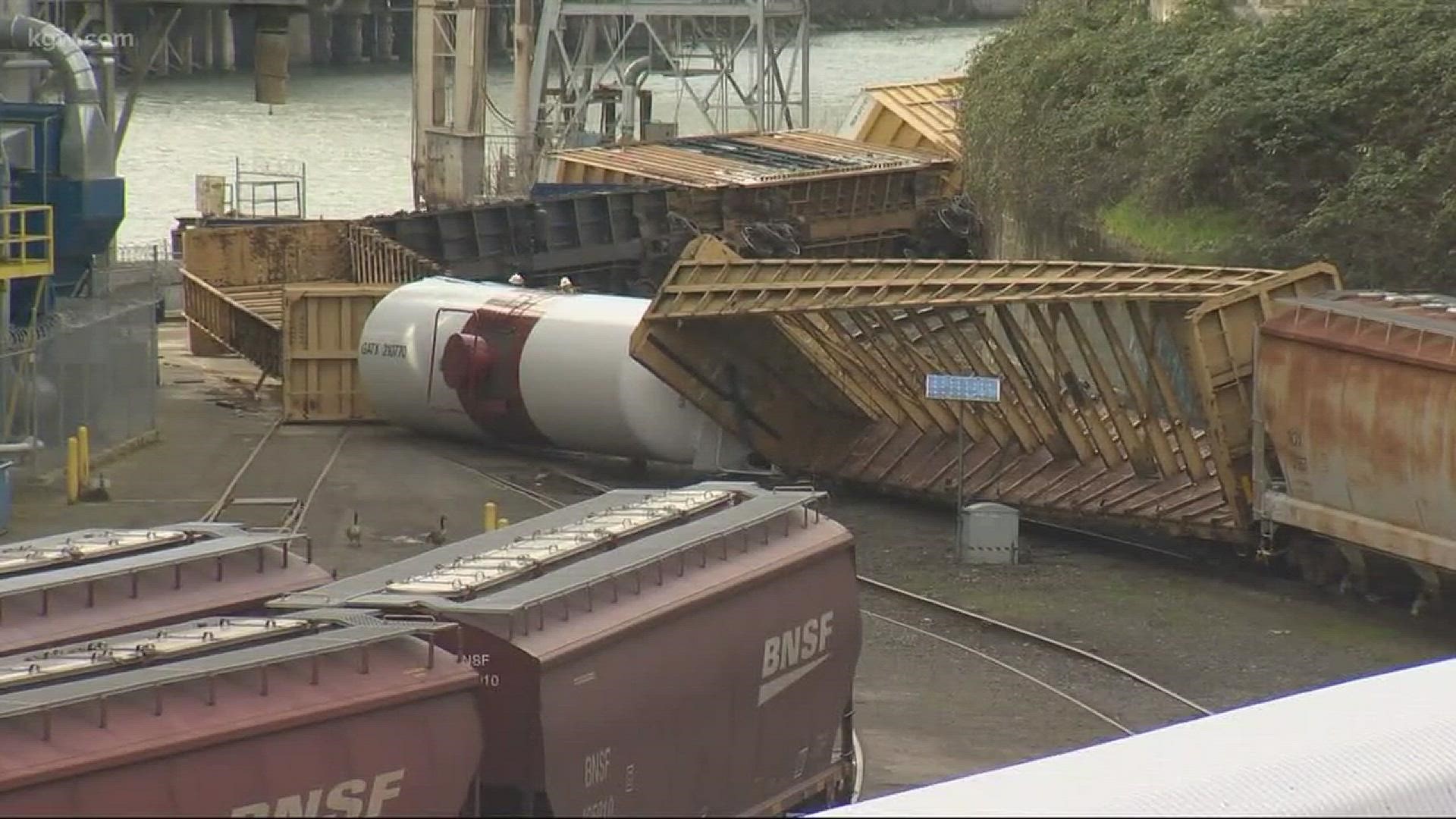 Crews are on the scene of a freight train derailment near the Steel Bridge in Portland.