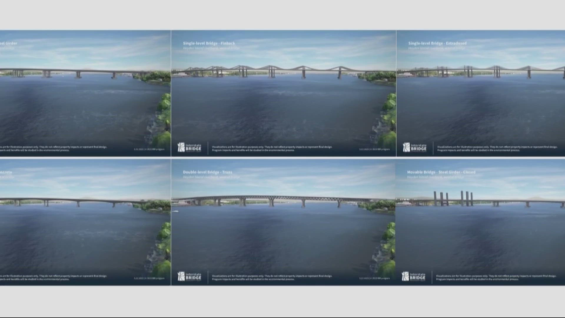 The renders showed six design options for the planned replacement crossing, including a box girder design like the I-205 bridge and a partial cable-stayed version.