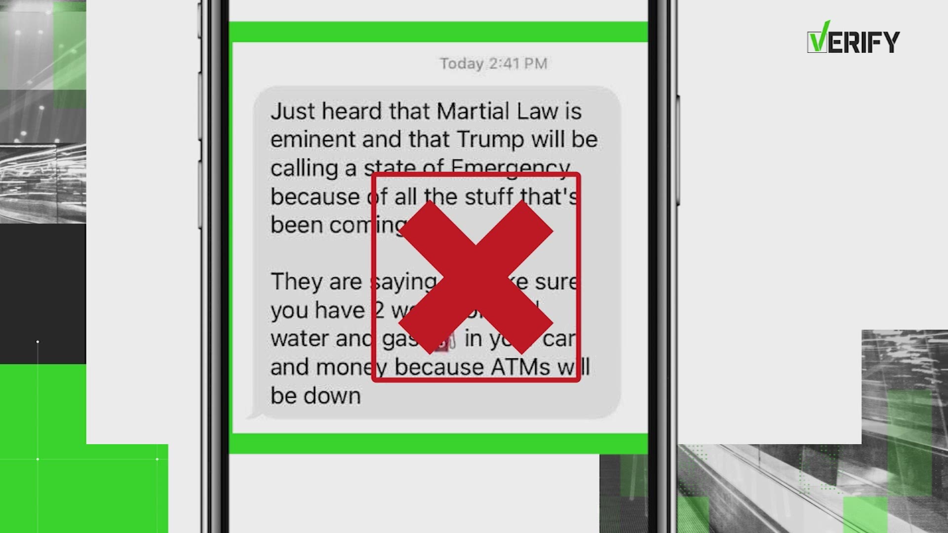 There is text messaging going around suggesting people should stock up on groceries, gas and cash before President Trump declares martial law.