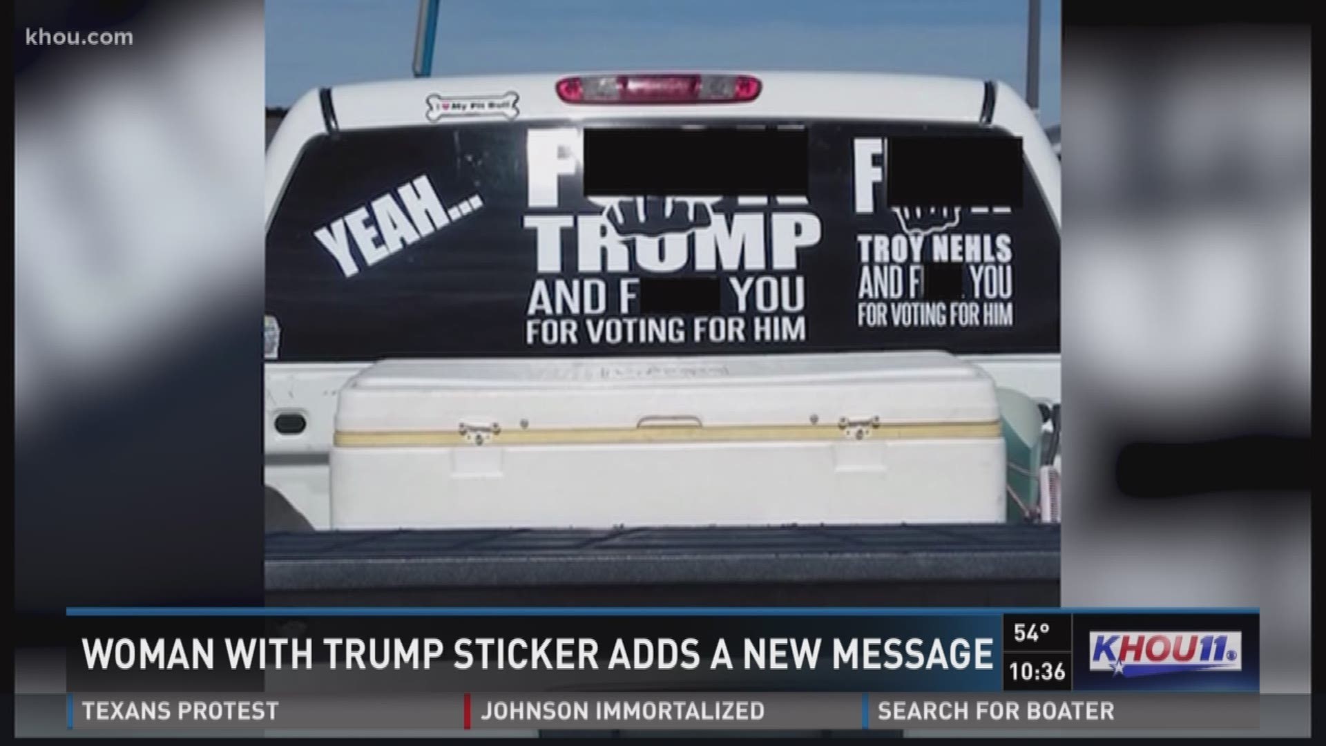 The owner of the truck with the controversial "F__k Trump" sticker has added a new one: "F__k Troy Nehls."