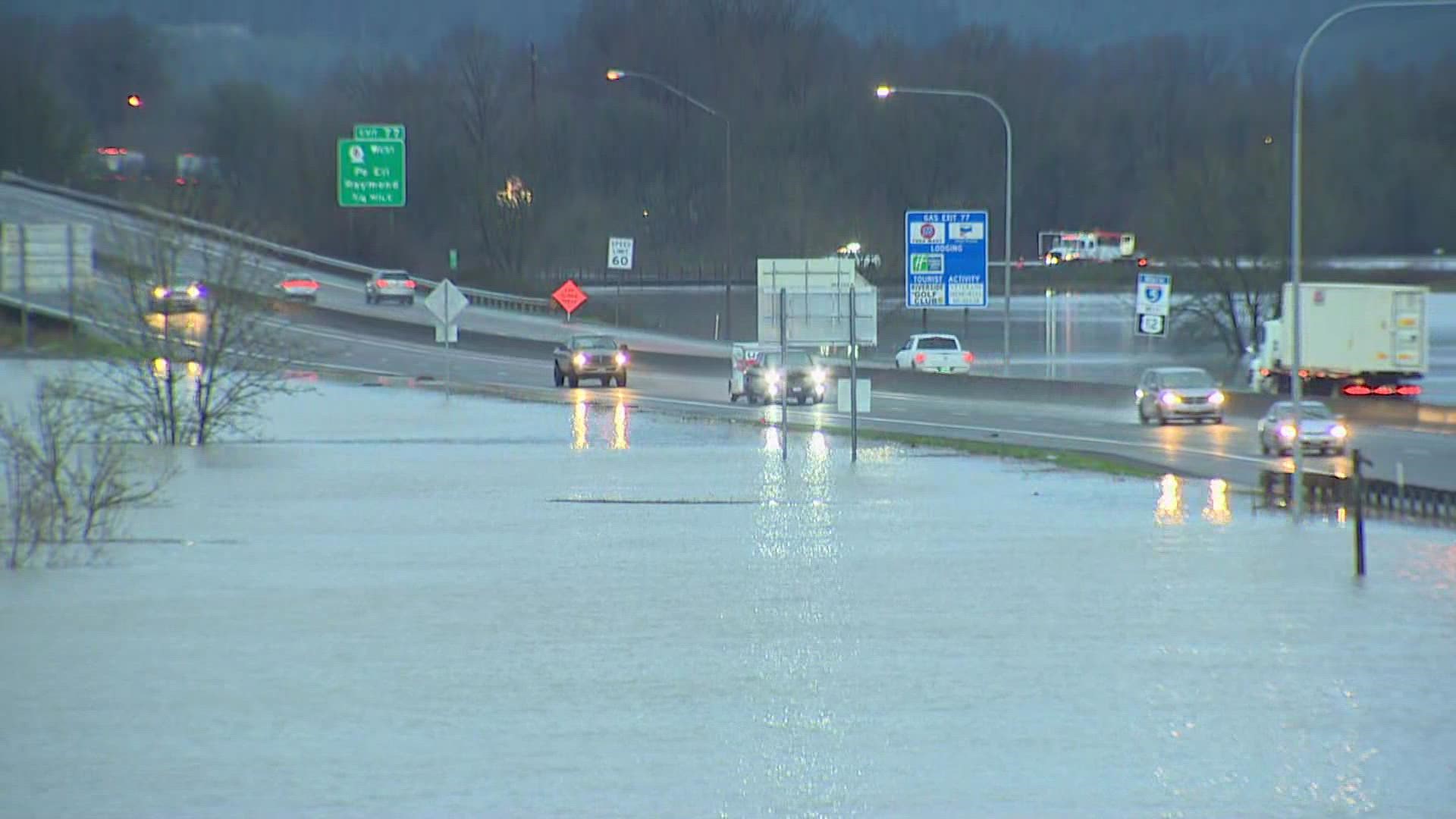 WSDOT closed a 20-mile stretch of I-5 between Grand Mound (milepost 88) and U.S. 2 south of Chehalis (milepost 68) due to the rising Chehalis River covering the road