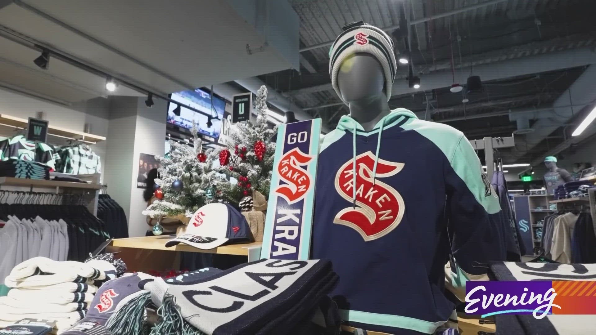 Jose visits the Seattle Kraken Team Store at the Community Iceplex with holida gift recommendations for fans