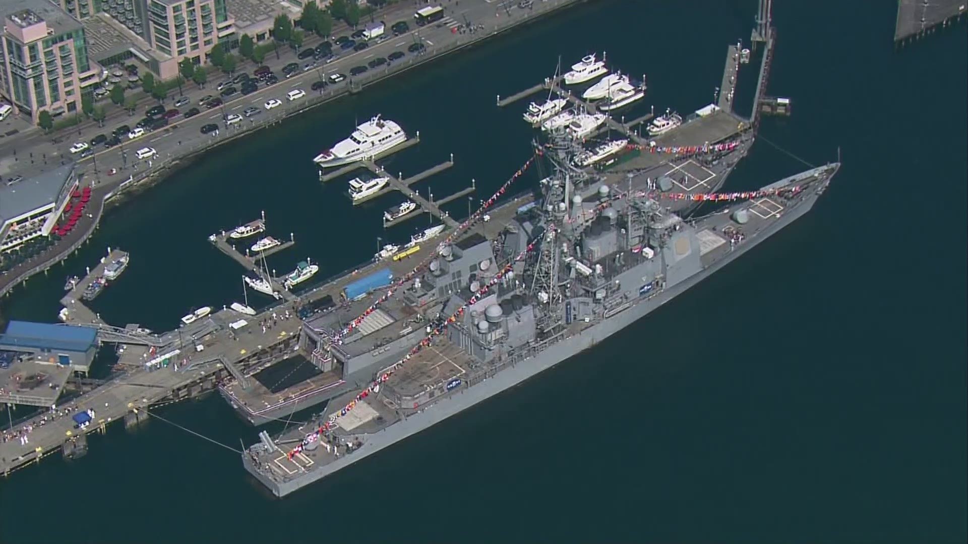 Several US Navy ships are docked in Puget Sound this week for Fleet Week, part of the 70th annual Seafair festivities in Seattle. SkyKING flew overhead the Seattle waterfront on Wednesday.