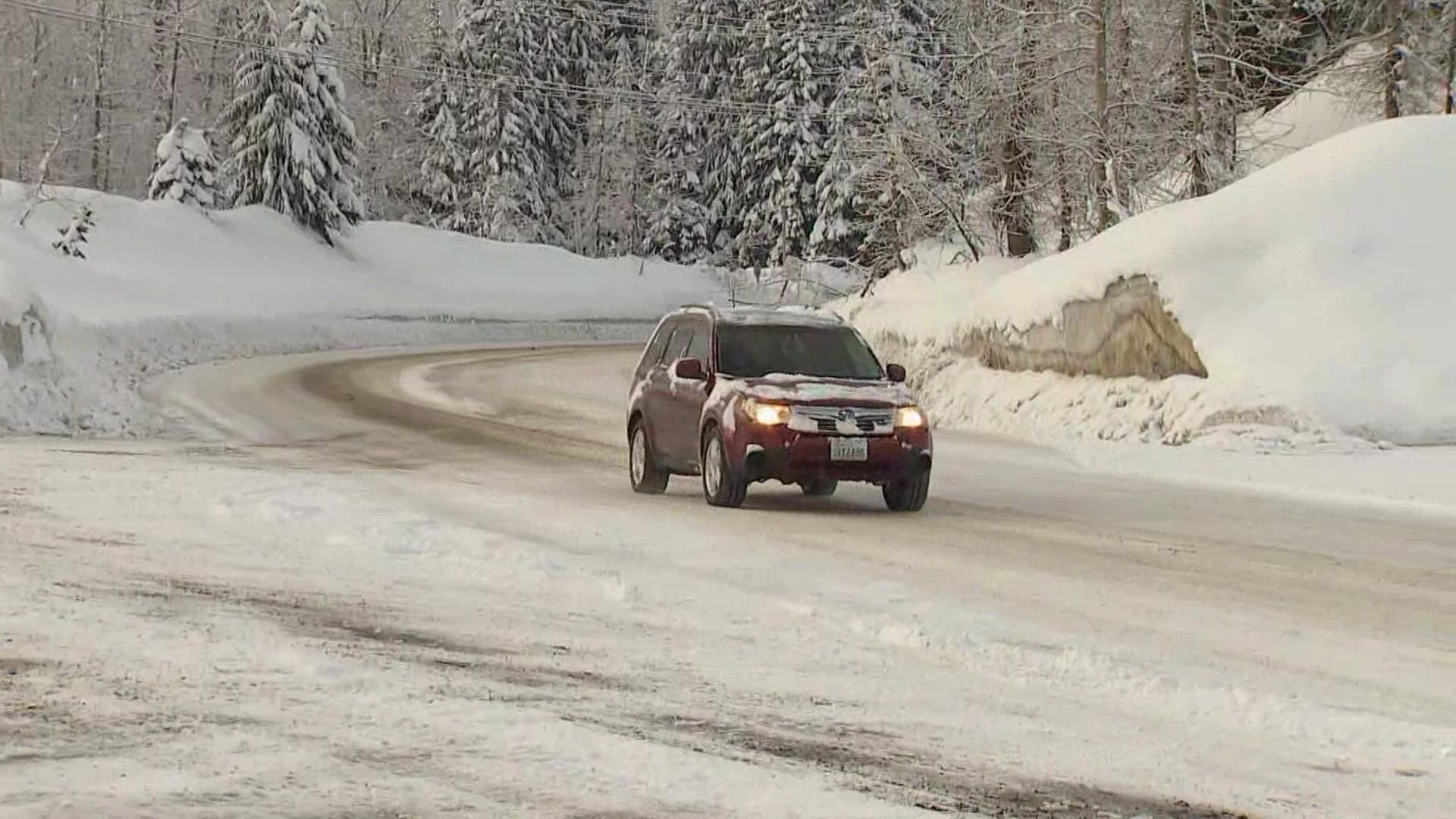 Drivers traveling over Washington’s Cascade passes were asked to take it slow after parts of the mountains received two feet of snow over the weekend.