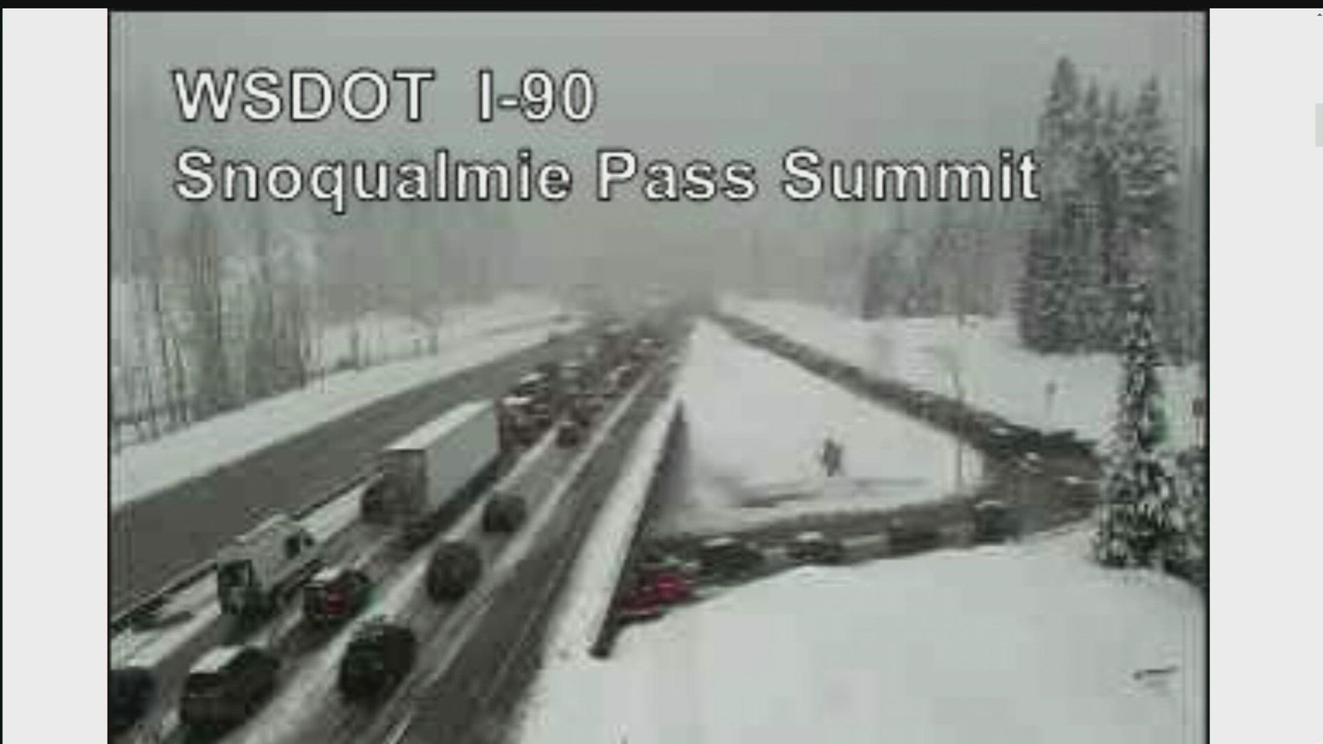 Treacherous conditions near Snoqualmie Pass caused issues throughout the weekend for travelers.