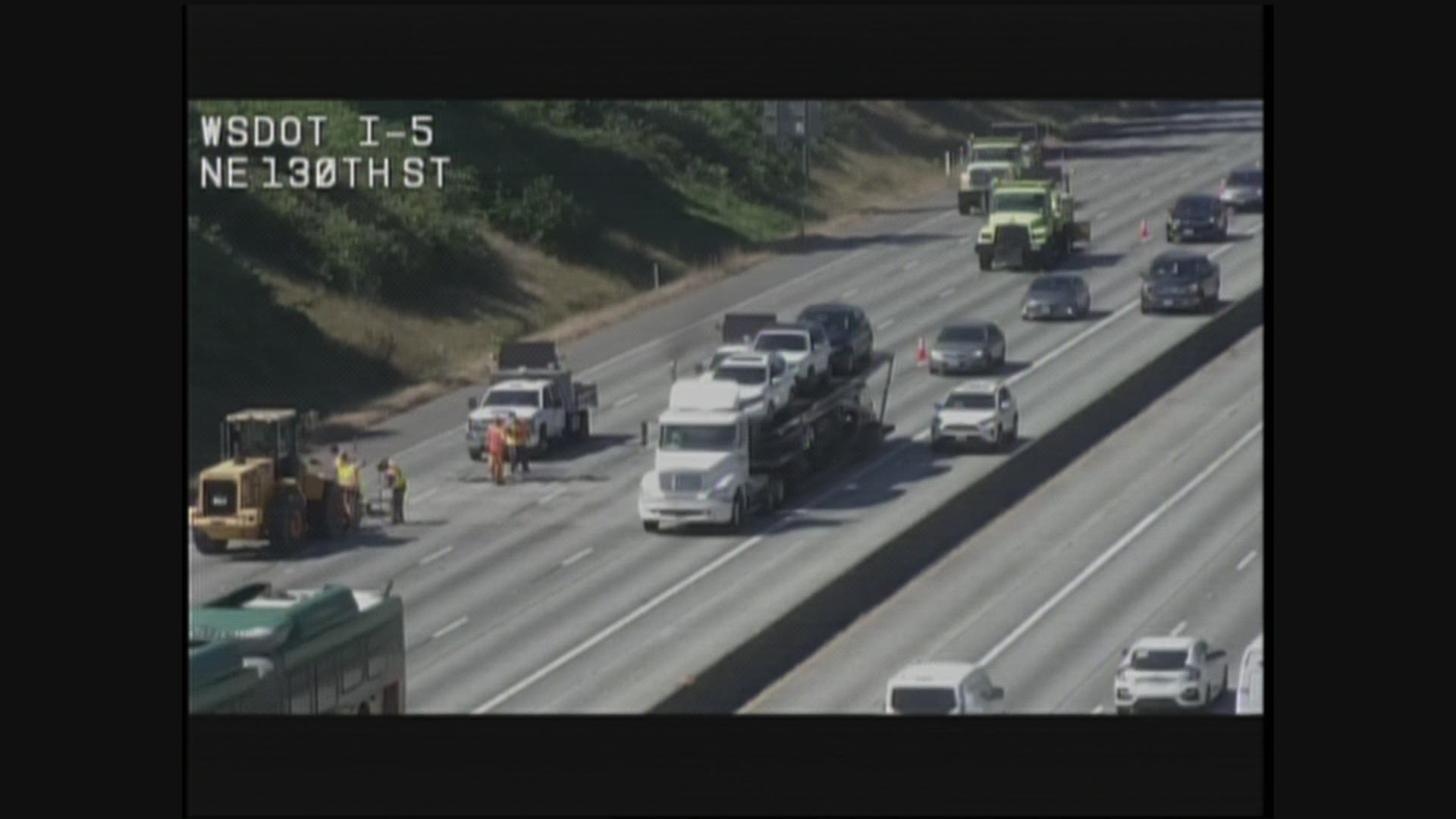 Drivers should expect backups after pavement buckled on southbound I-5 near 130th Street.