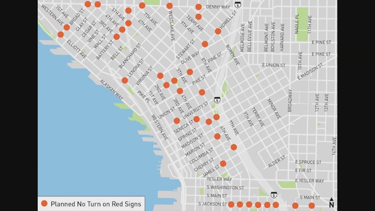 SDOT rolling out 'No Turn on Red' restrictions at 41 downtown Seattle intersections