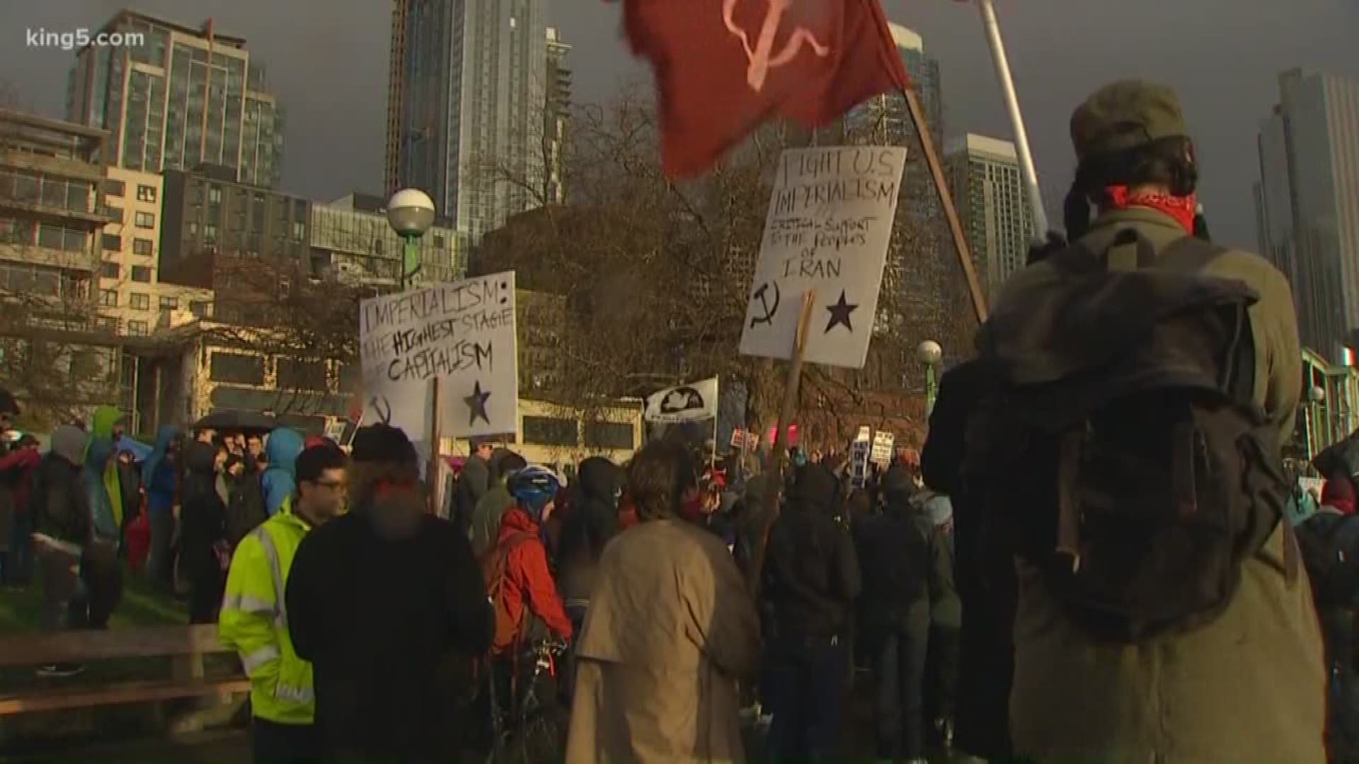 The Seattle demonstration was just one of several that happened across the country Saturday protesting President Trump's decision to initiate an airstrike on Iran.