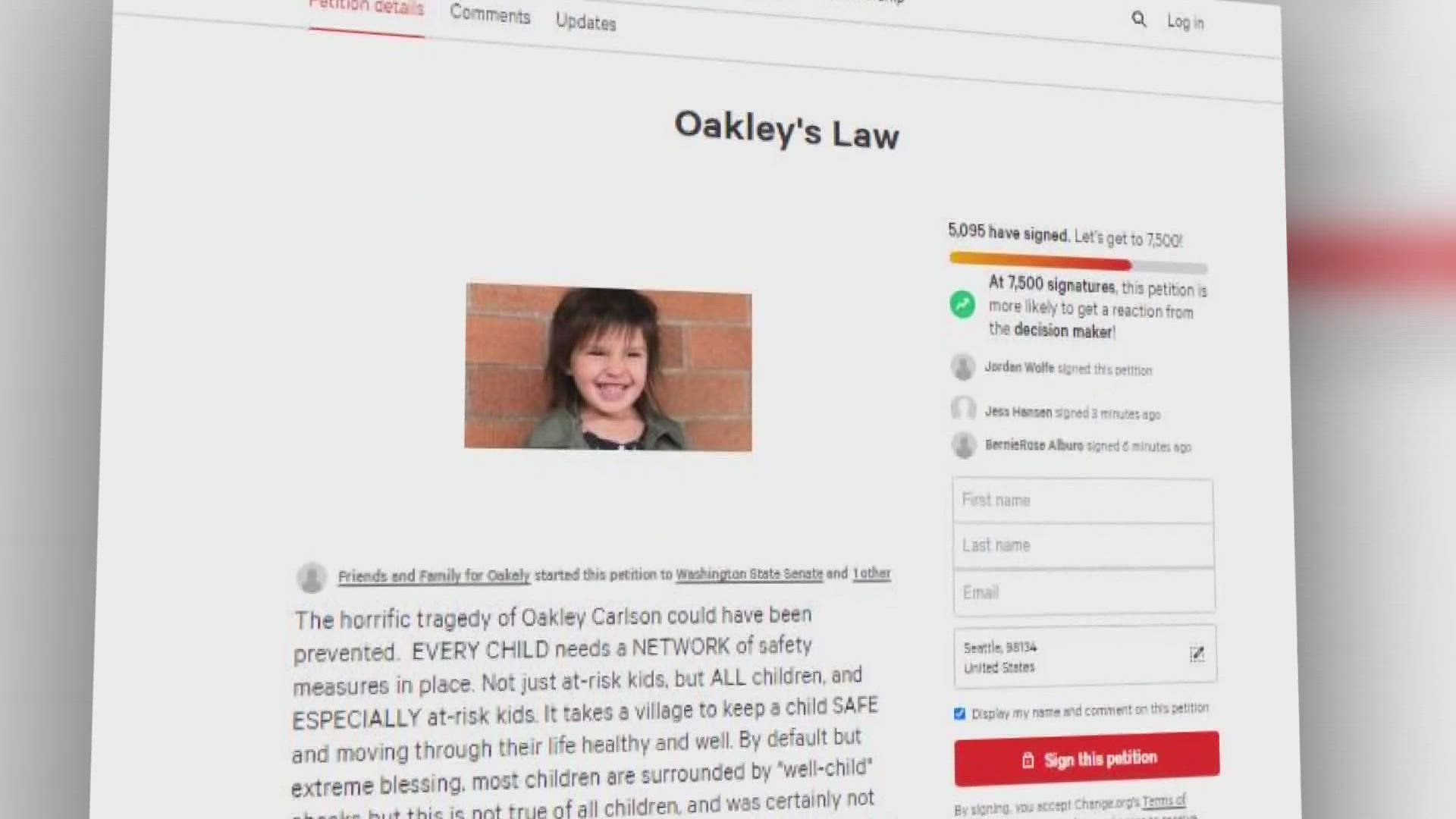 A petition calls for "Oakley's Law" to be passed creating a greater system of checkups for children who exit foster care for family reunification.