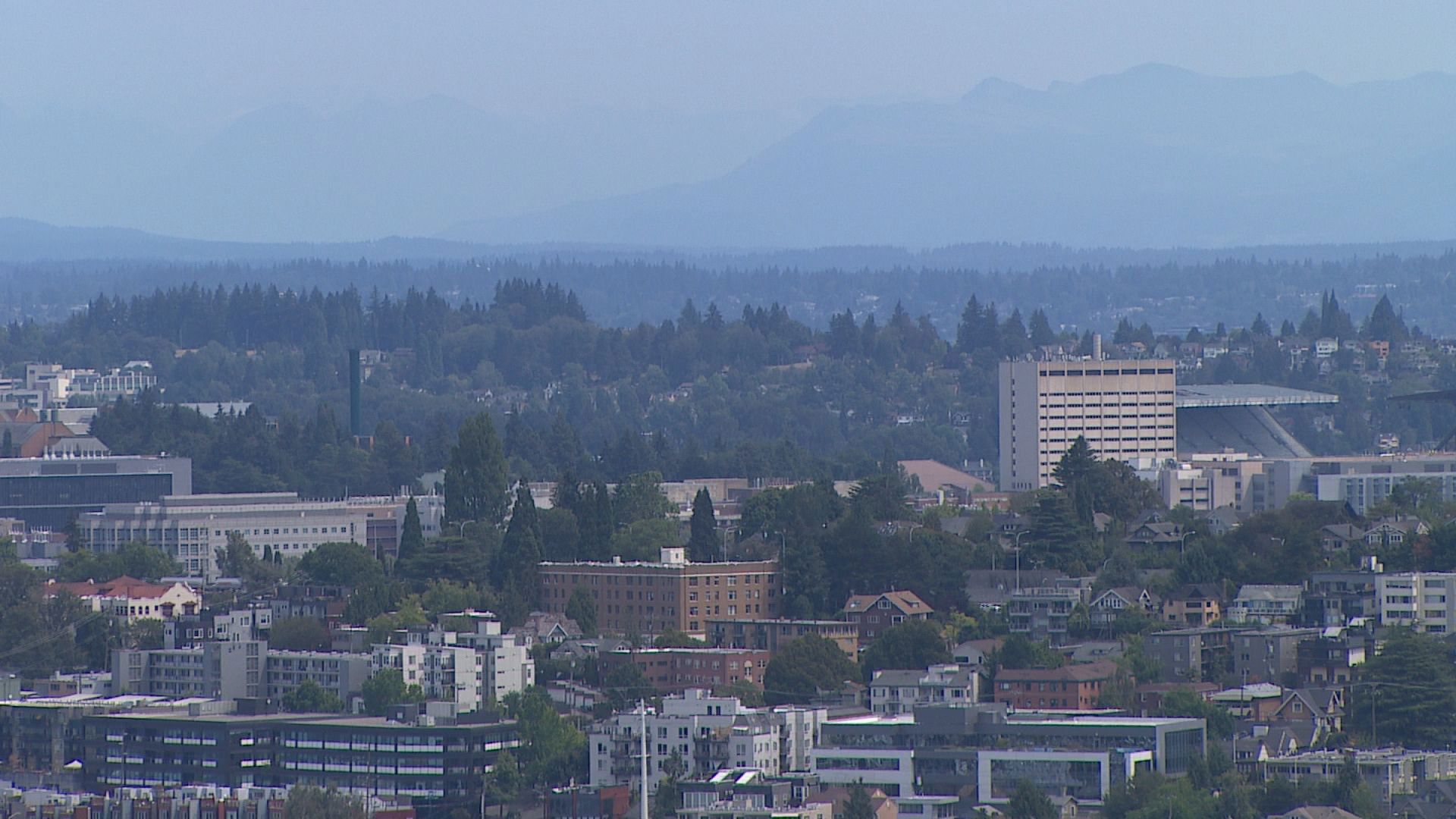 Hazy skies can be seen over the Seattle area ahead of Seafair Weekend due to wildfire smoke.