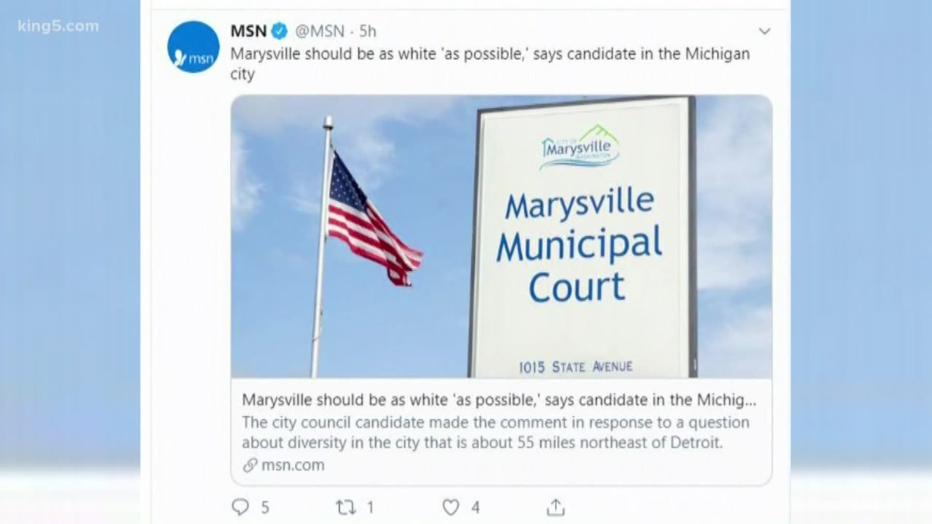 A city council candidate in Marysville, Michigan made racist comments. Marysville, WA got angry phone calls and Facebook messages over the mix-up.