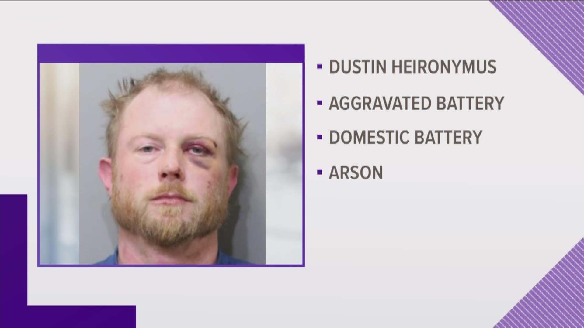 Thirty-eight-year-old Dustin R. Heironymus is charged with arson and battery after prosecutors say he doused his girlfriend with kerosene and lit her on fire.