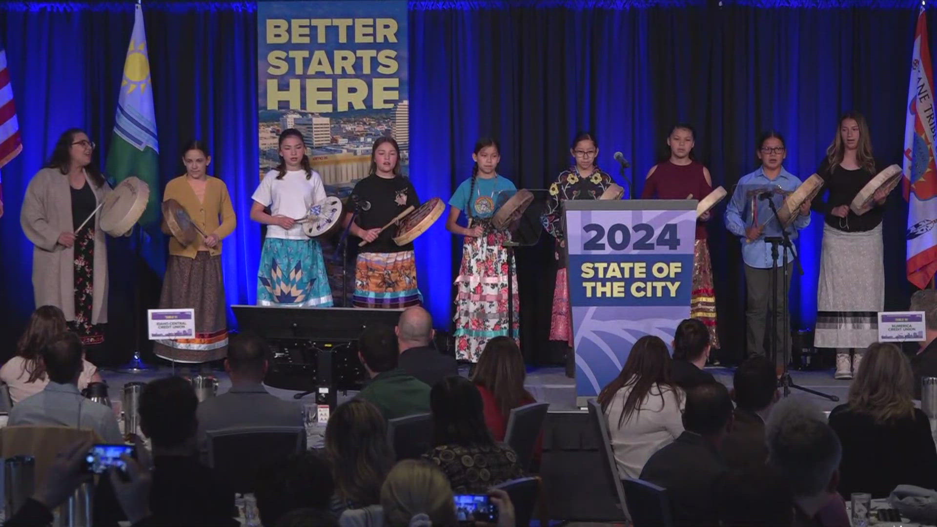 As part of the land acknowledgement ceremony, students from the Salish School of Spokane performed two traditional Salish songs ahead of the mayor's speech.