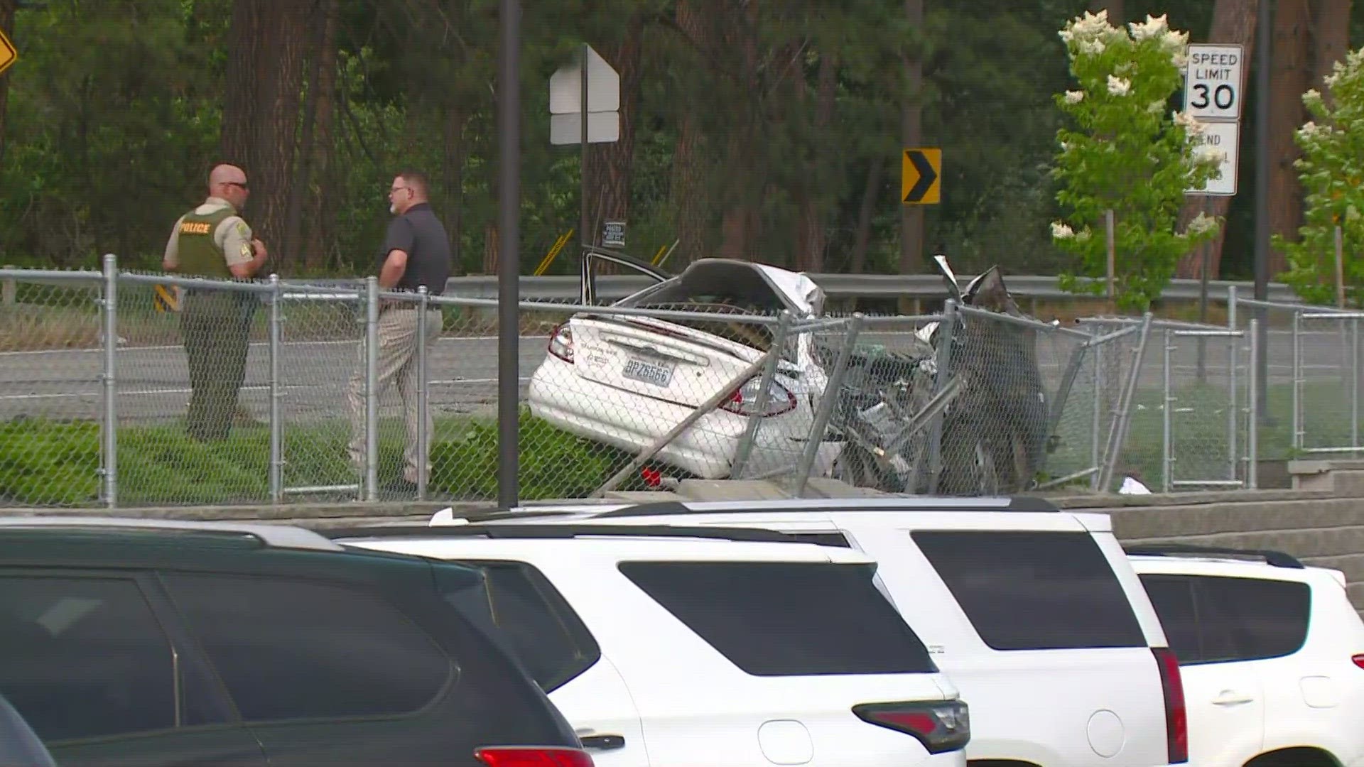 The crash occurred at Pasadena Park Elementary School. According to SVFD, Upriver Drive is currently blocked in both directions at Bessie Rd.