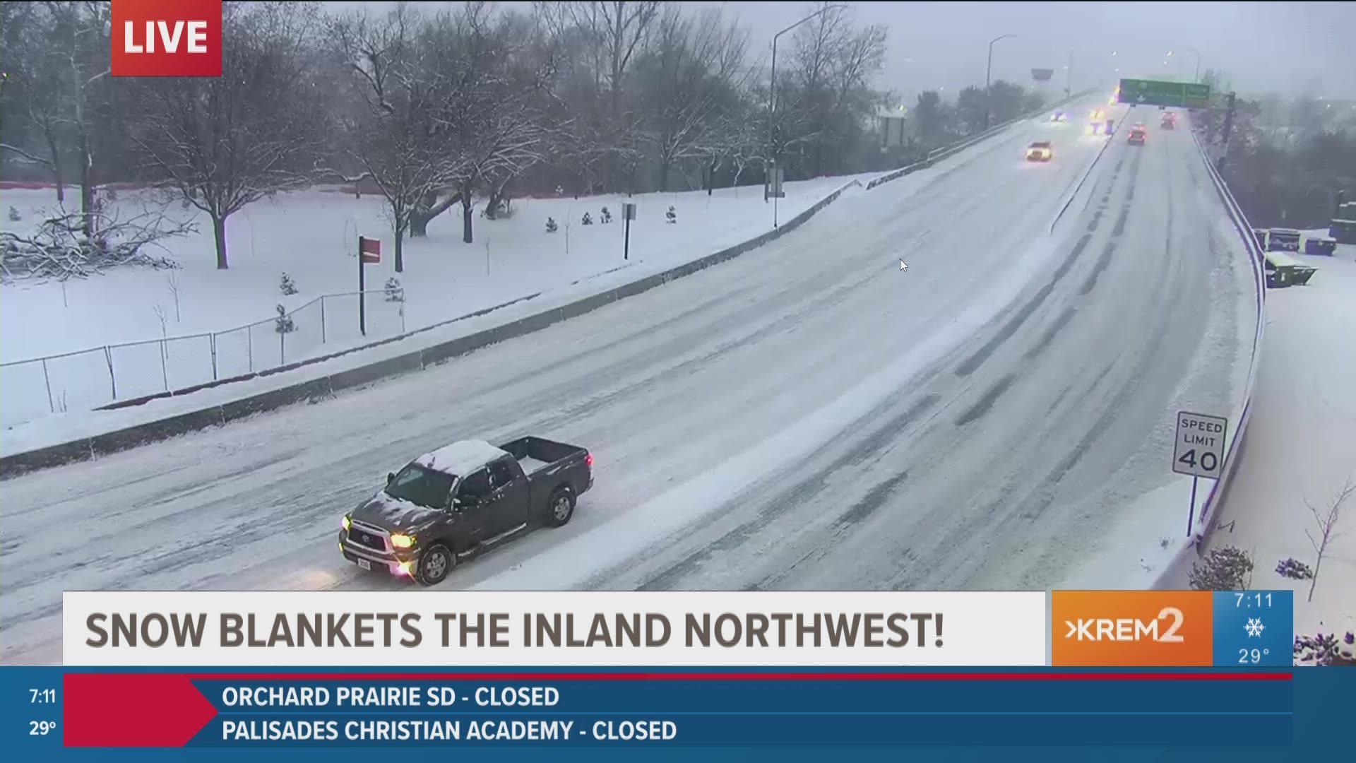 A look at roads, school closures, and the forecast as snow falls across Spokane and the Inland Northwest.