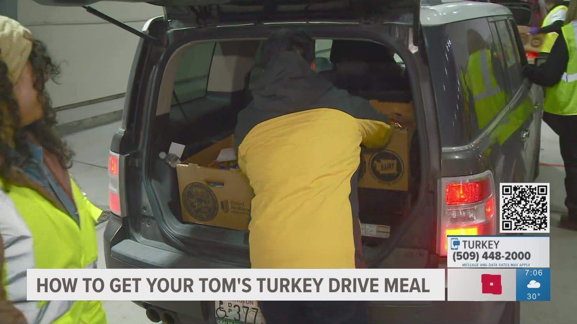 KREM Cares Tom's Turkey Drive meals are being handed out at the Spokane County Fairgrounds on Tuesday.