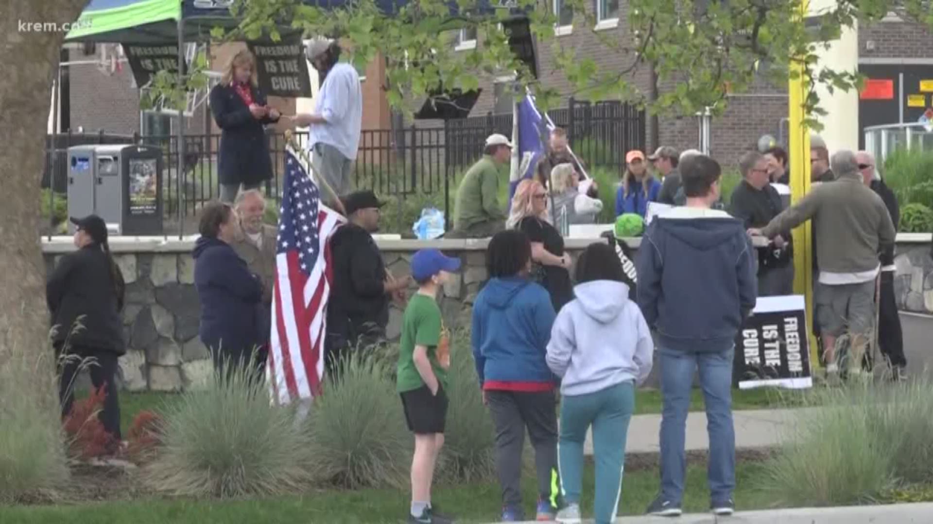 Protesters were chanting, "Freedom is the cure," hearkening back to a rally held at the Spokane County Courthouse in protest of the stay-home order on May Day.