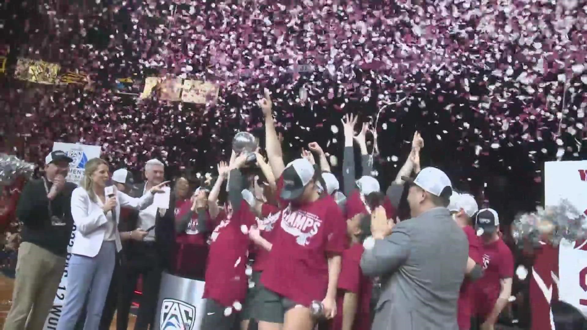 Charlisse Leger-Walker scored 23 points and Bella Murekatete added 21 to help WSU earn a trip to the NCAA Tourney by beating No. 19 UCLA 65-61 for the Pac-12 Title.