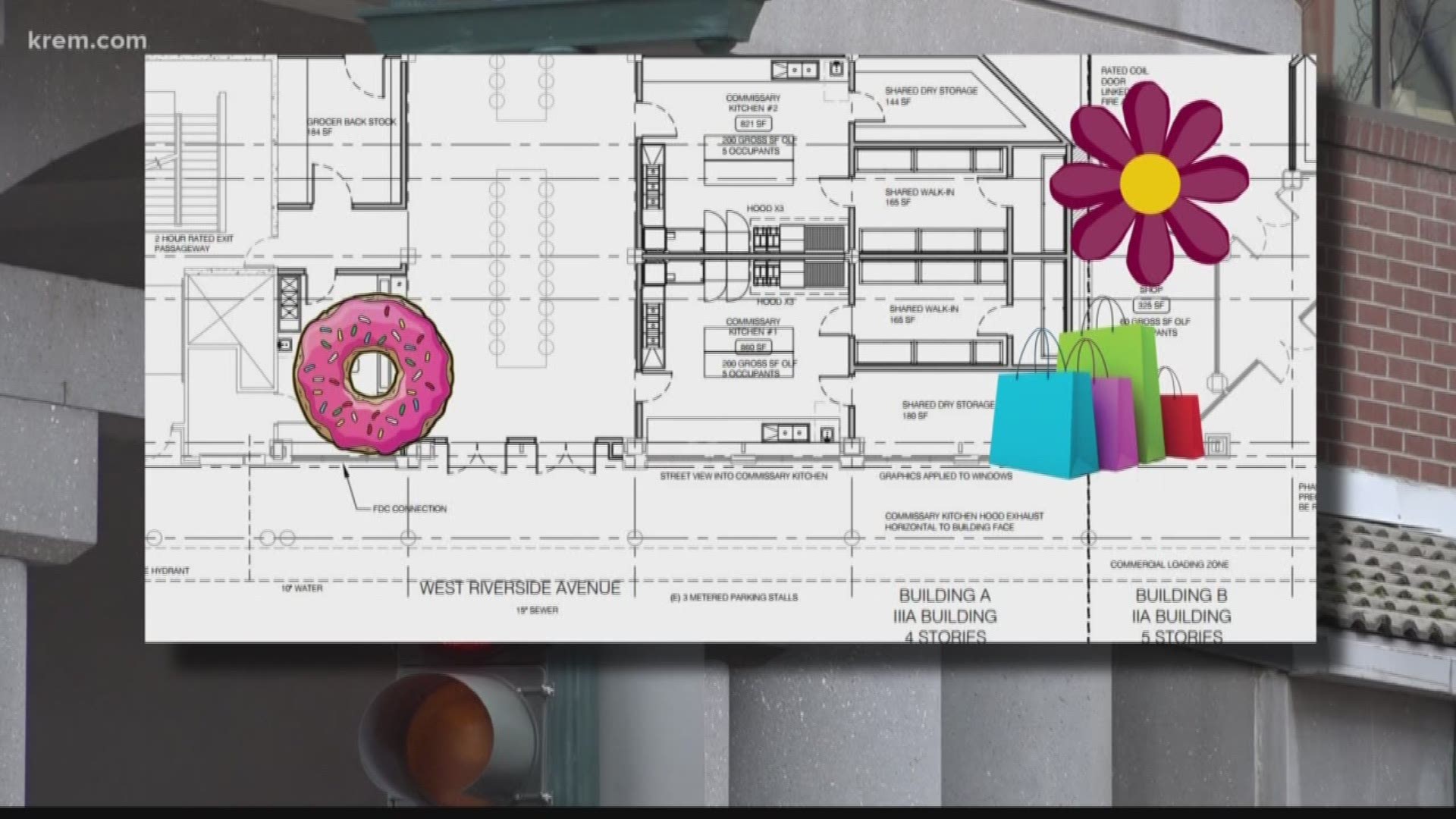 Plans filed with the city of Spokane show the Spokane Central Market could include a variety of businesses including a donut shop, Taqueria, coffee vendor, a burger joint and "The Vault" Lounge.