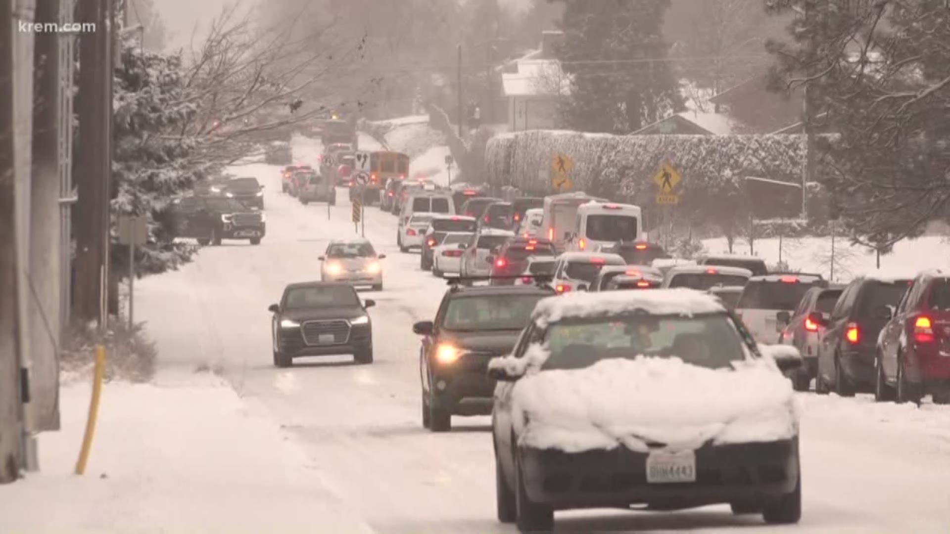 Two inches of snow fell overnight in the Spokane area. Drivers are experiencing difficulty on the roads on Wednesday morning.