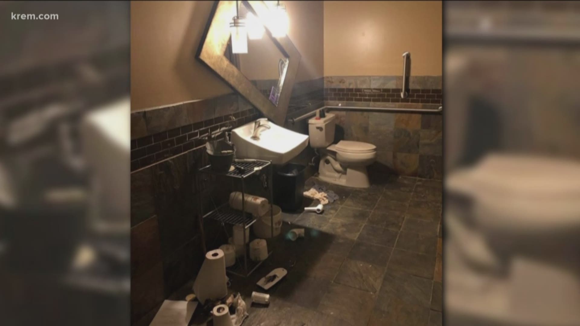 The owner of Nectar Catering and events in downtown Spokane posted this photo of his restroom completely trashed. He says yesterday during a catering event, a man came in and locked himself in the restroom. He didn't leave until Spokane Police arrived.
