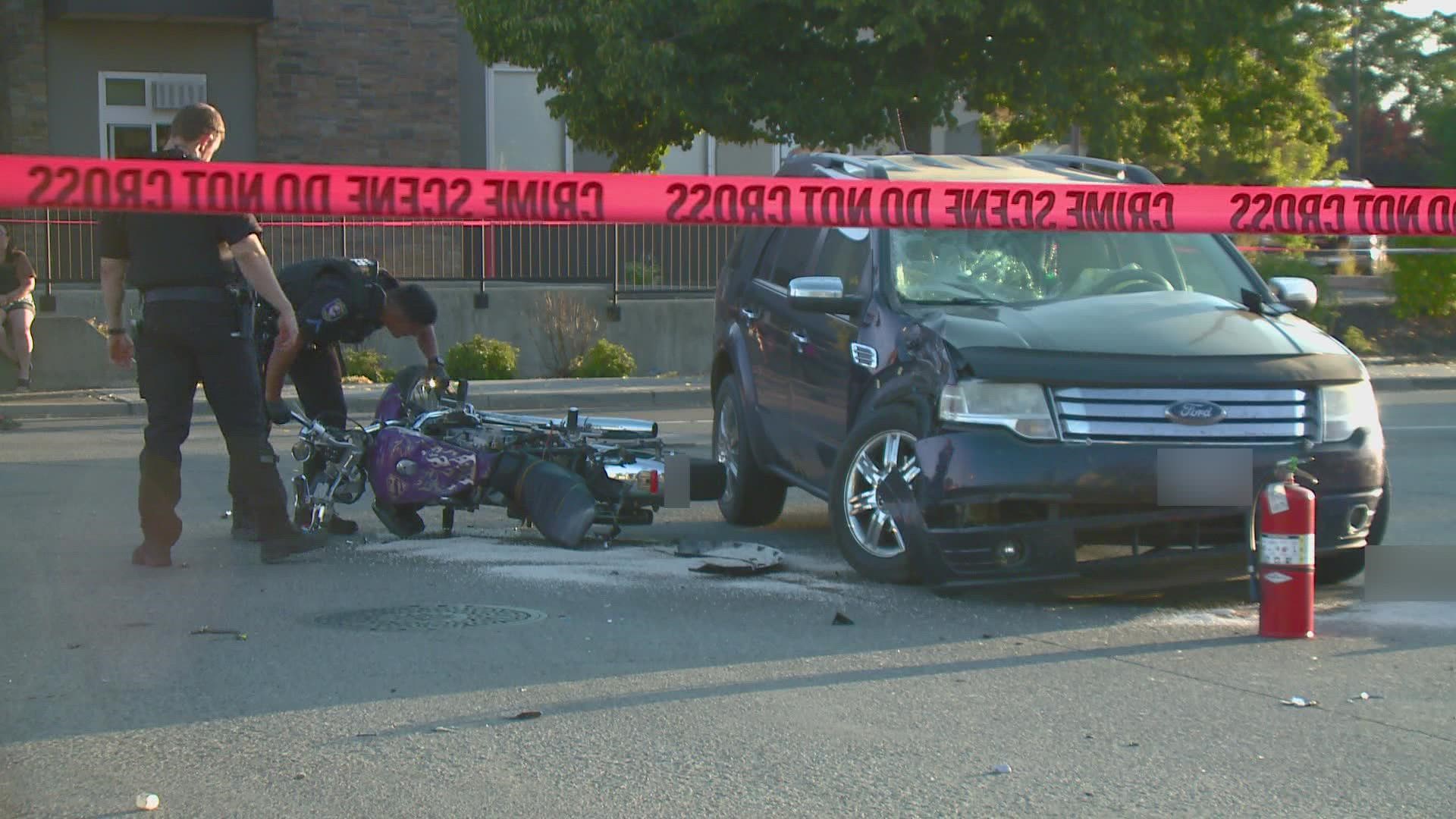 The accident involving a motorcycle and car left one dead and another with potentially life-threatening injuries, according to Spokane police.