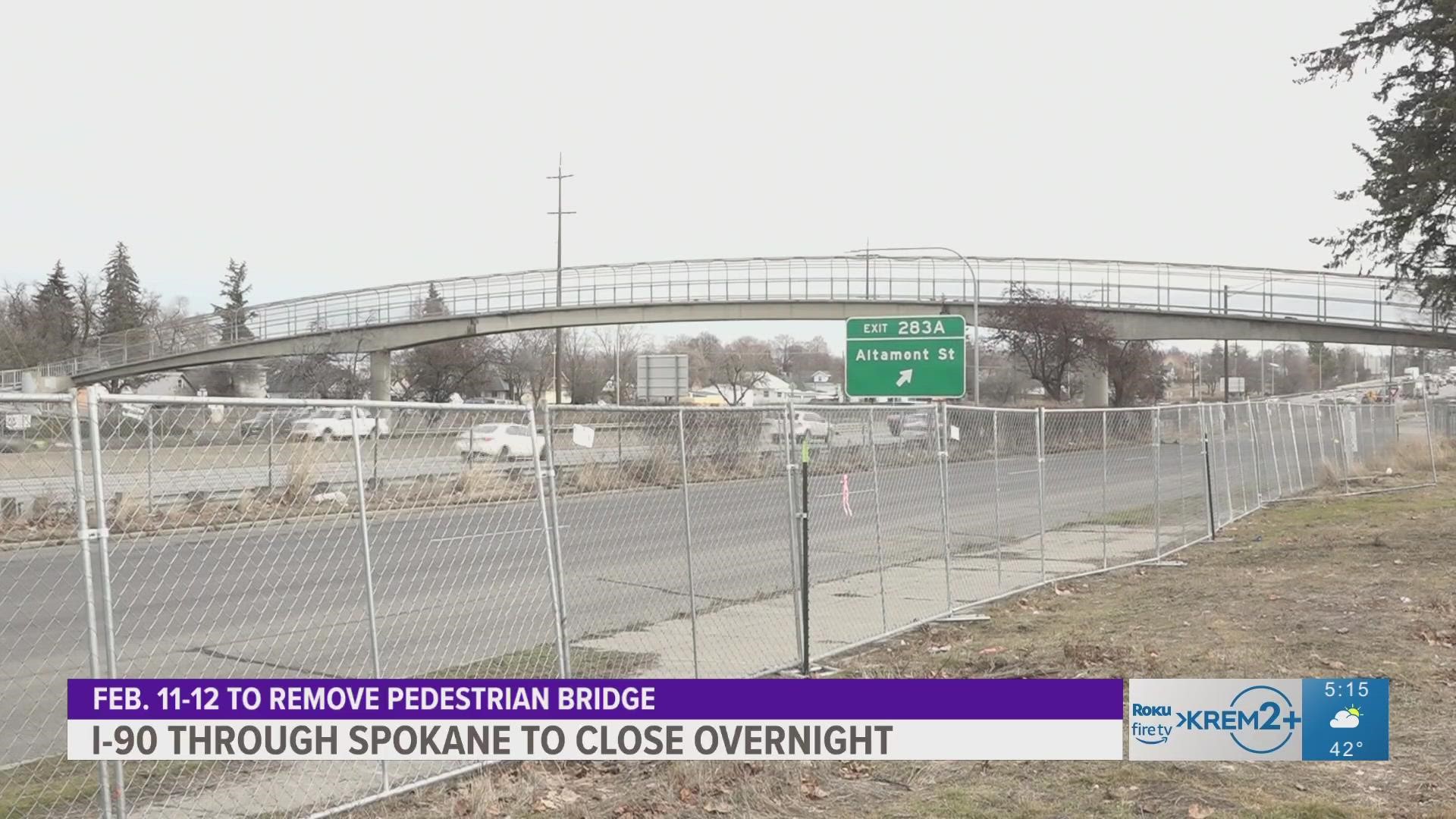 WSDOT is closing both directions of I-90 from 8 p.m. Saturday to 8 a.m. Sunday morning. The closure will allow WSDOT to remove the Magnolia Pedestrian Bridge.