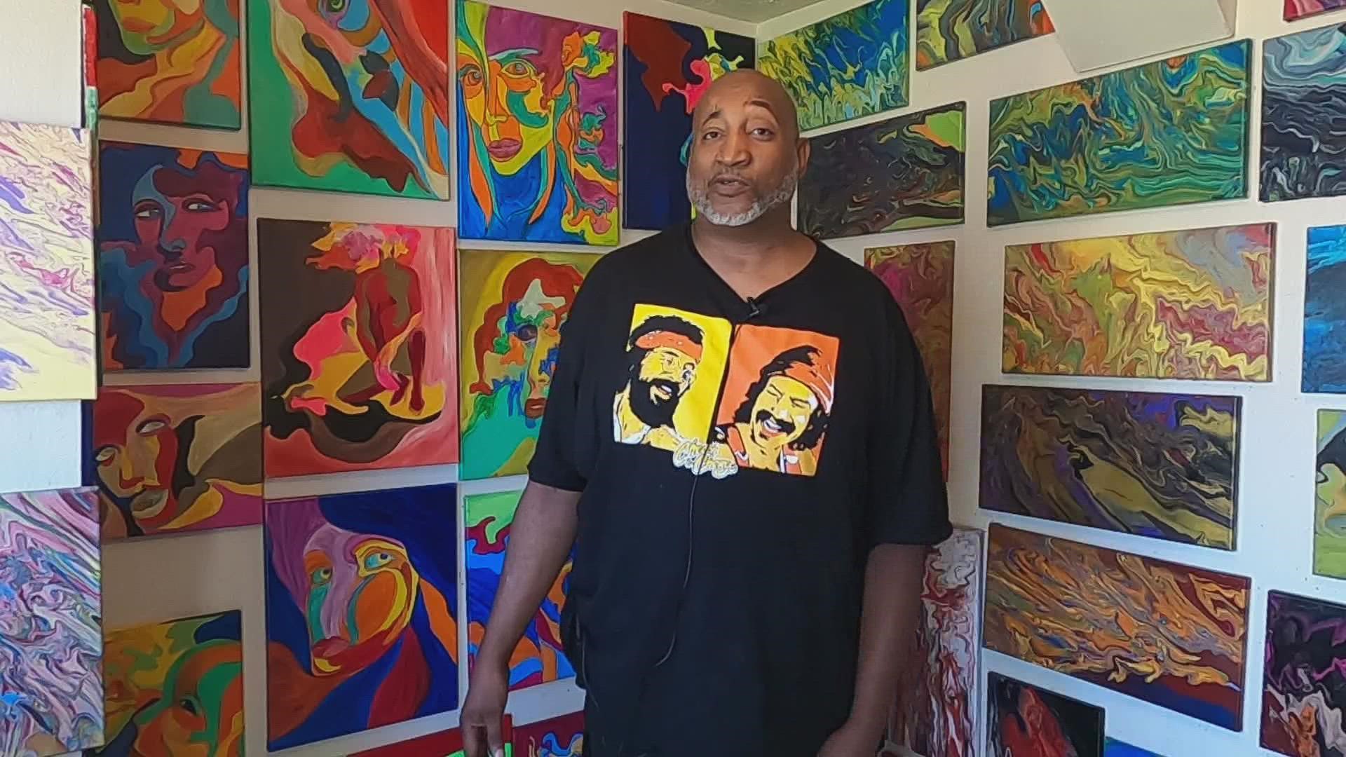 Anthony Stevenson, Aka Salik Seville, is giving his art in return for food bags that he is donating to 2nd Harvest.