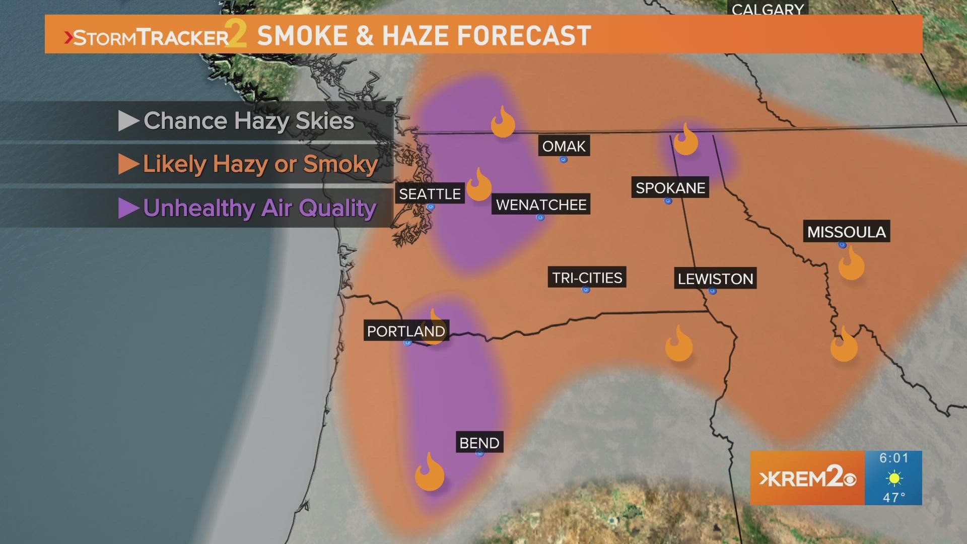 All of eastern Washington and north Idaho will see hazy, smoky skies today, with air quality dropping to unhealthy in some areas.