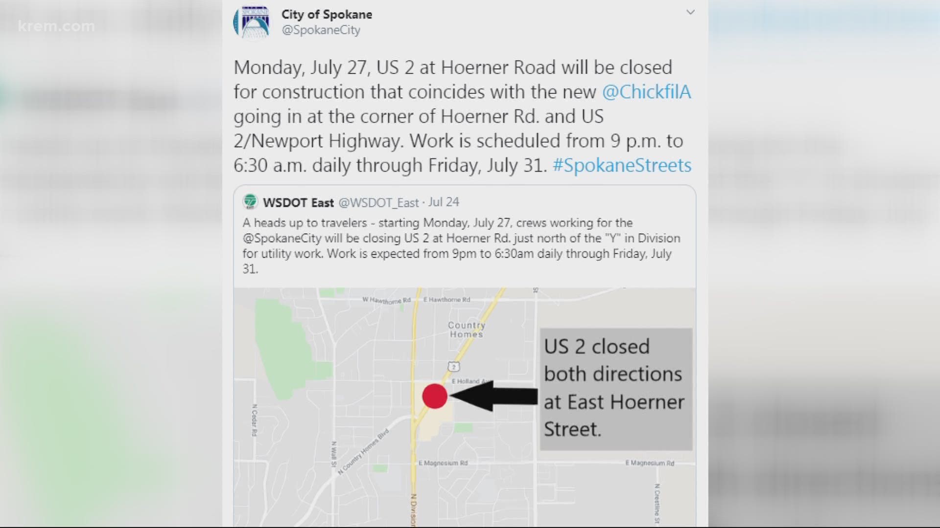WSDOT and the City of Spokane confirmed the road closure is due to utility work being done for the new Chick-Fil-A coming soon.