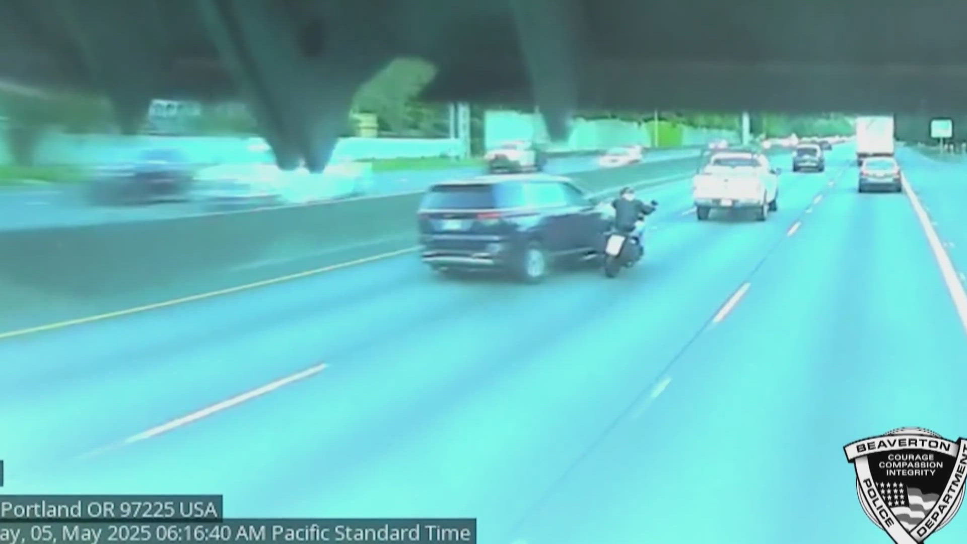 A motorcyclist was seriously injured after being intentionally struck by the driver of a blue Kia in a hit-and-run on westbound Highway 26 in Beaverton.