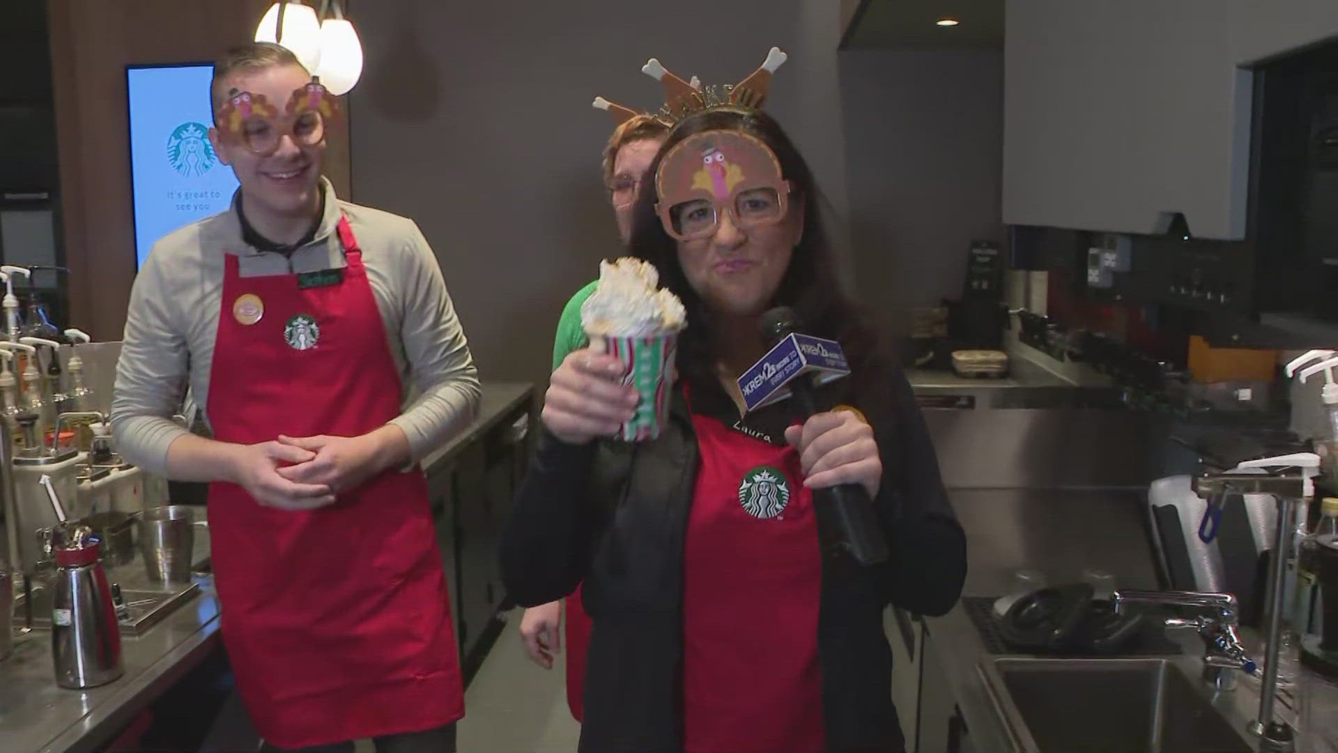 KREM 2's Laura Papetti is trying her hand at making Starbucks holiday drinks for Tom's Turkey Drive Starbucks Day! 