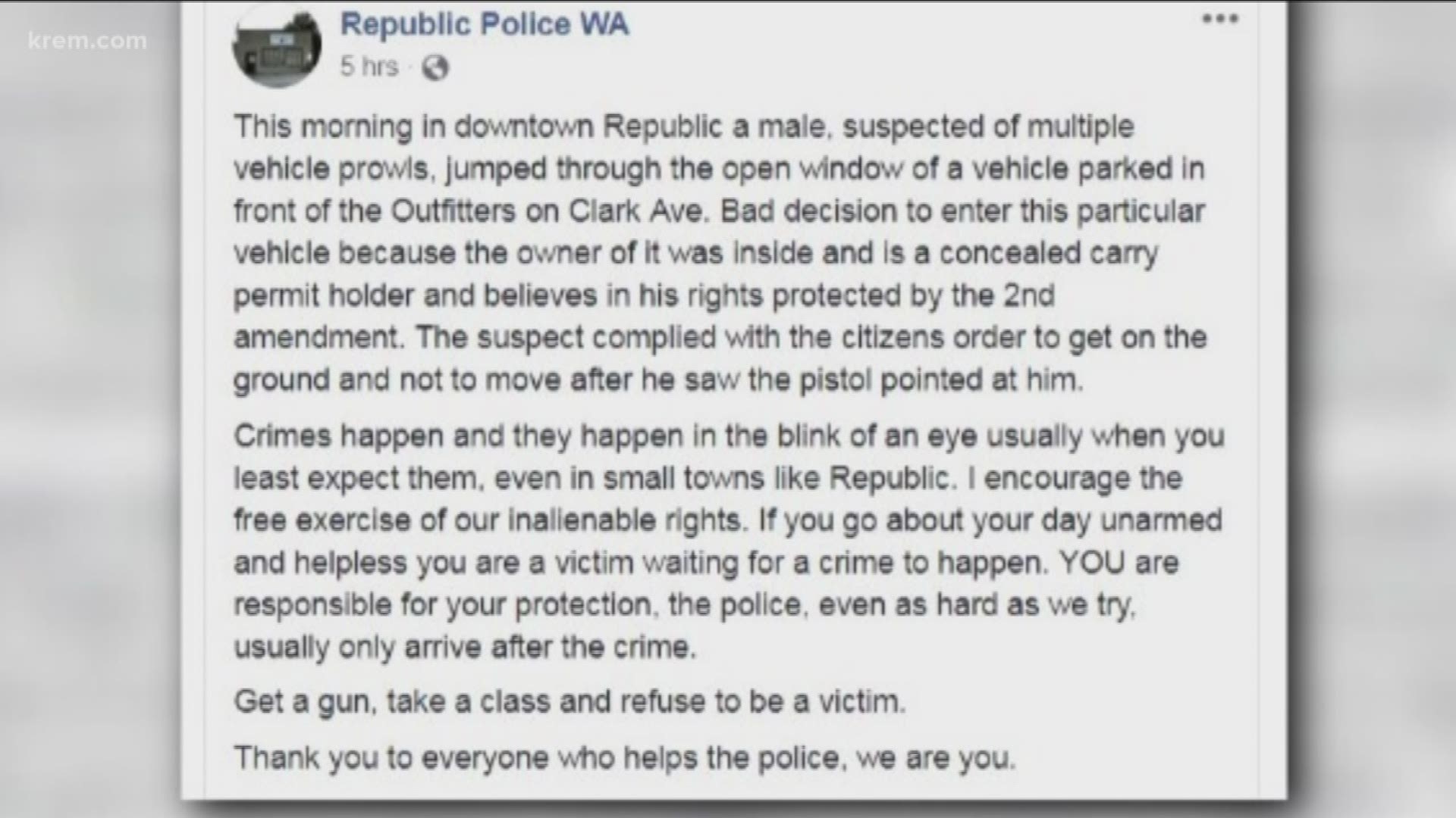 A post on the Republic Police Department's Facebook page detailed an incident where a man had to defend himself with a gun against a suspect who broke into his car with him still inside.