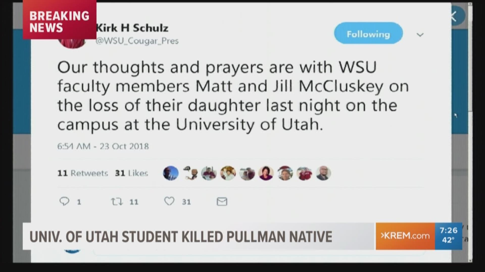 Univ. of Utah student killed identified as Pullman native
