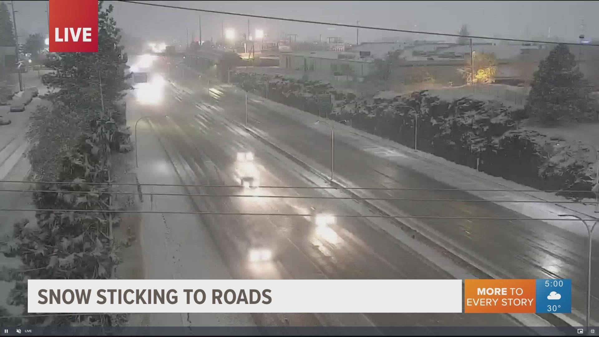 Snow is falling in Spokane and the Inland Northwest on Monday morning. It is expected to continue through the morning commute.