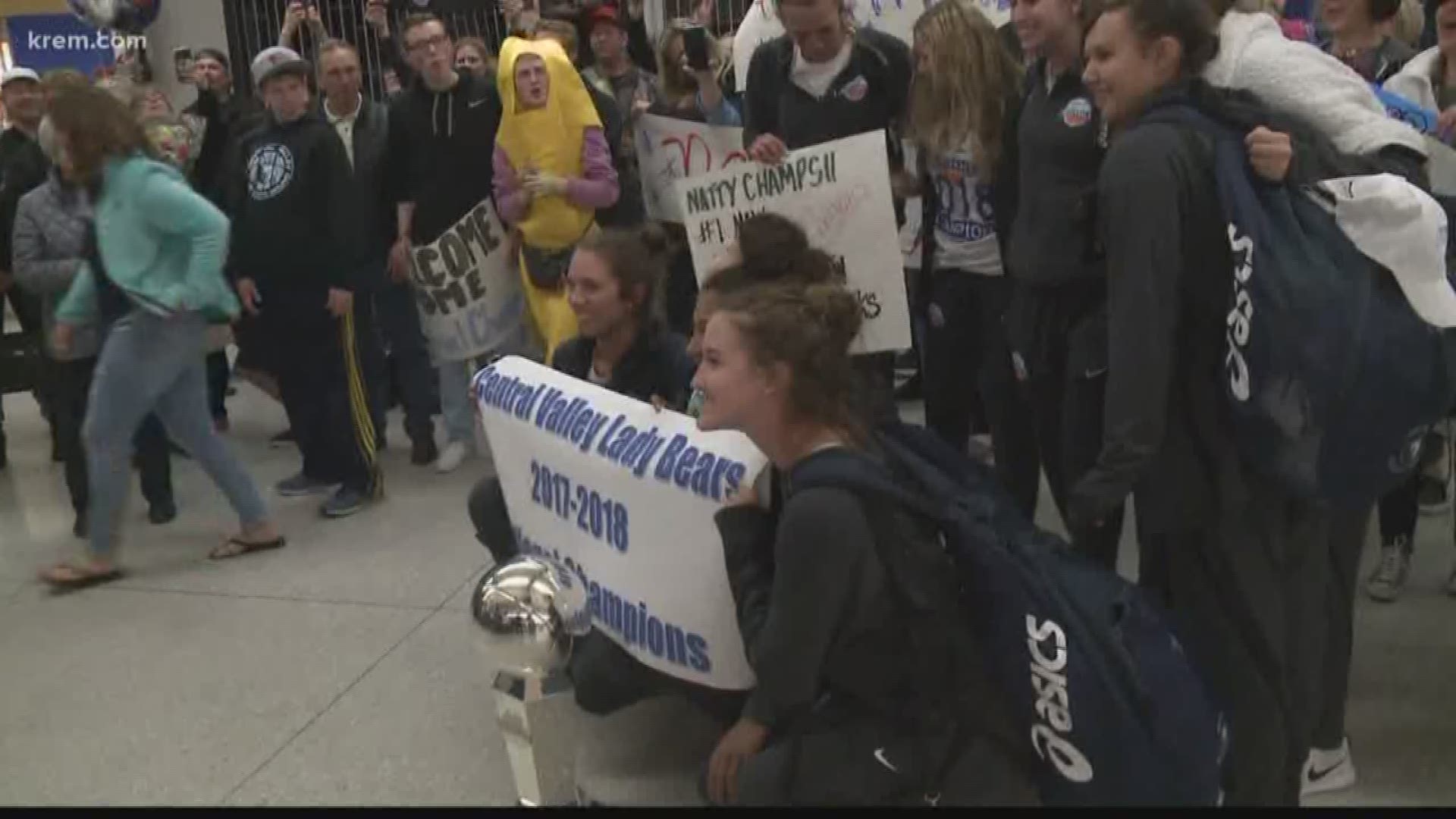 The Central Valley girls basketball team returned home from New York with a warm ovation from the CV community at the Spokane Airport.