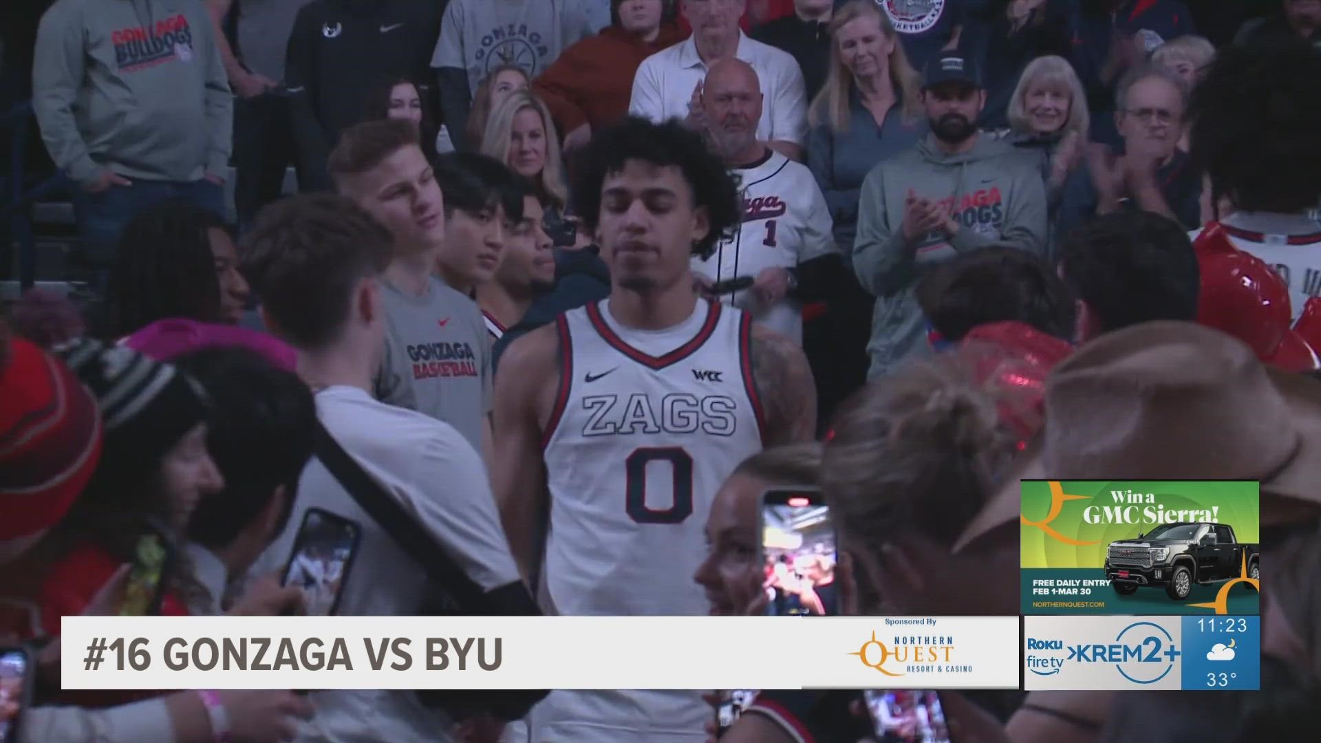 Julian Strawther scored 26 points, including the go-ahead 3-pointer with 3:10 remaining, and No. 16 Gonzaga rallied to beat BYU 88-81.
