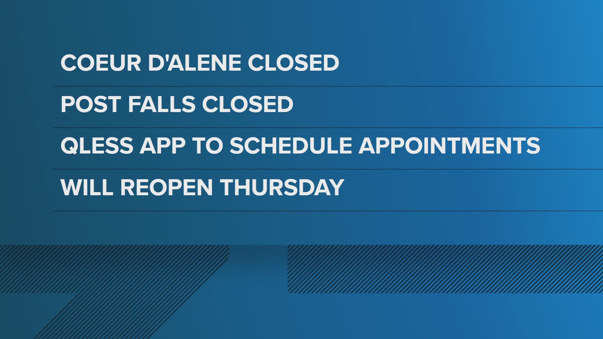 The sheriff's office says the Coeur d'Alene and Post Falls offices will be temporarily closed on Thursday, May 15.