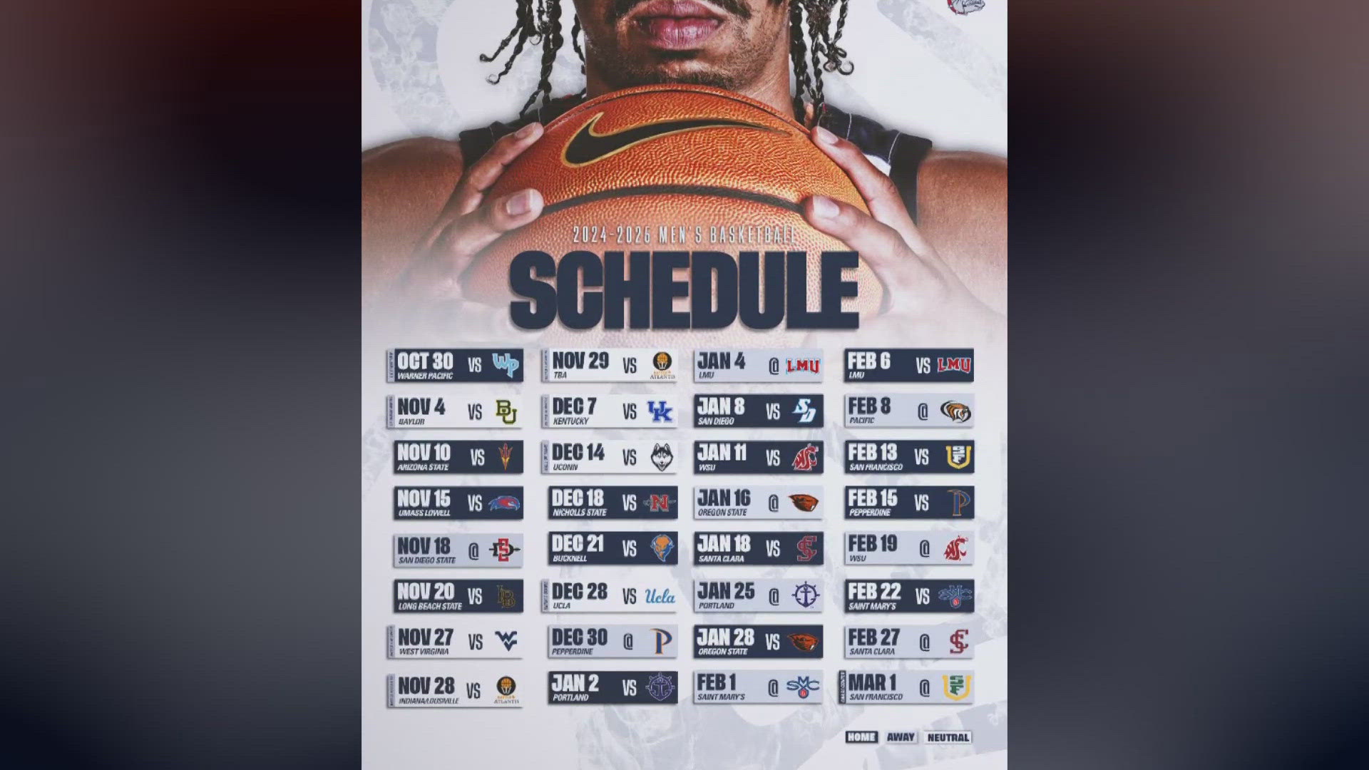 The Gonzaga men's basketball team released its full schedule for the upcoming season on Wednesday.