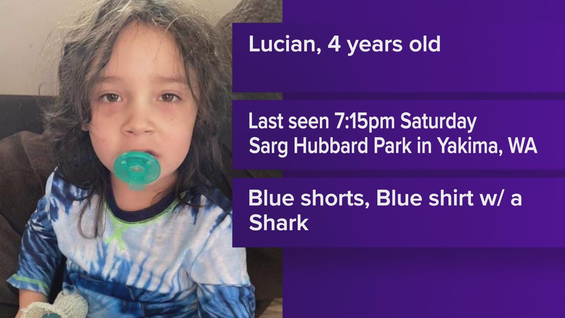 Lucian, 4, was last seen around 7:15 p.m. Saturday near the play area at Sarg Hubbard Park. He has black hair and brown eyes, weighs 40 pounds, and is 4' feet tall.