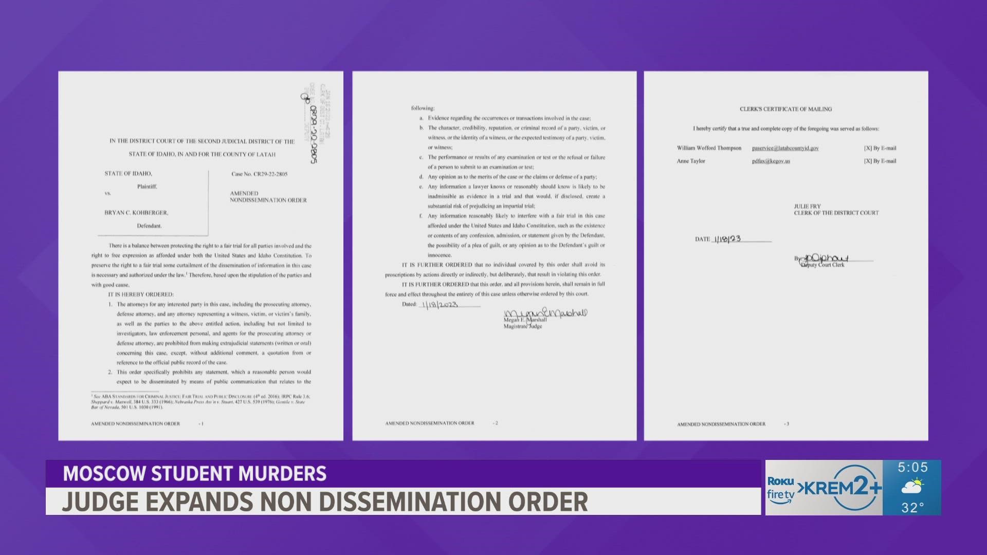 The updated order prohibits attorneys representing the victims' families from discussing the case publicly.